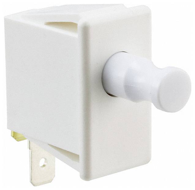 Ein weißer, rechteckiger Drucktastenlichtschalter mit hervorstehendem Knopf, entwickelt zur Steuerung von elektrischen Geräten.