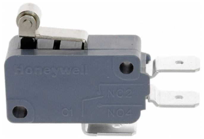 Ein blauer Honeywell-Mikroschalter mit Metallklemmen mit den Bezeichnungen „NC2