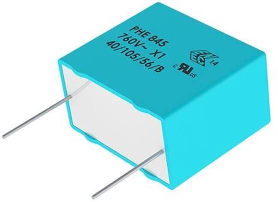 Ein blauer rechteckiger Kondensator mit zwei Metallfahnen, gekennzeichnet mit „PHE 845