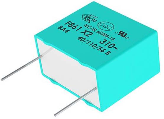 Ein blauer rechteckiger Kondensator mit zwei Metalldrähten, die von einer Seite herausragen, beschriftet mit „310V, F861 X2