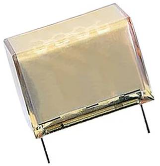 Ein durchsichtiger Kondensator mit Metallanschlüssen, möglicherweise zur Unterdrückung von elektrischem Rauschen in Schaltkreisen verwendet, vor weißem Hintergrund dargestellt.