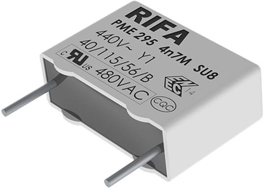 Ein weißer rechteckiger Kondensator mit der Bezeichnung 