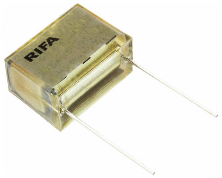 Ein durchsichtiger Kondensator mit zwei Metallableitern, die nach außen ragen, auf dem Gehäuse mit „RIFA