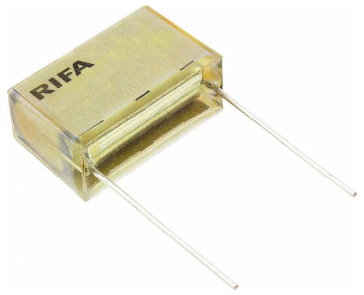 Kondensator mit rechteckigem gelbem Gehäuse mit der Bezeichnung 