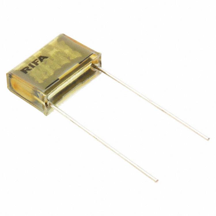 Eine Nahaufnahme eines gelben RIFA-Kondensators mit zwei langen Metallanschlüssen, die nach unten verlaufen, zeigt das Design und die Struktur des Bauteils.