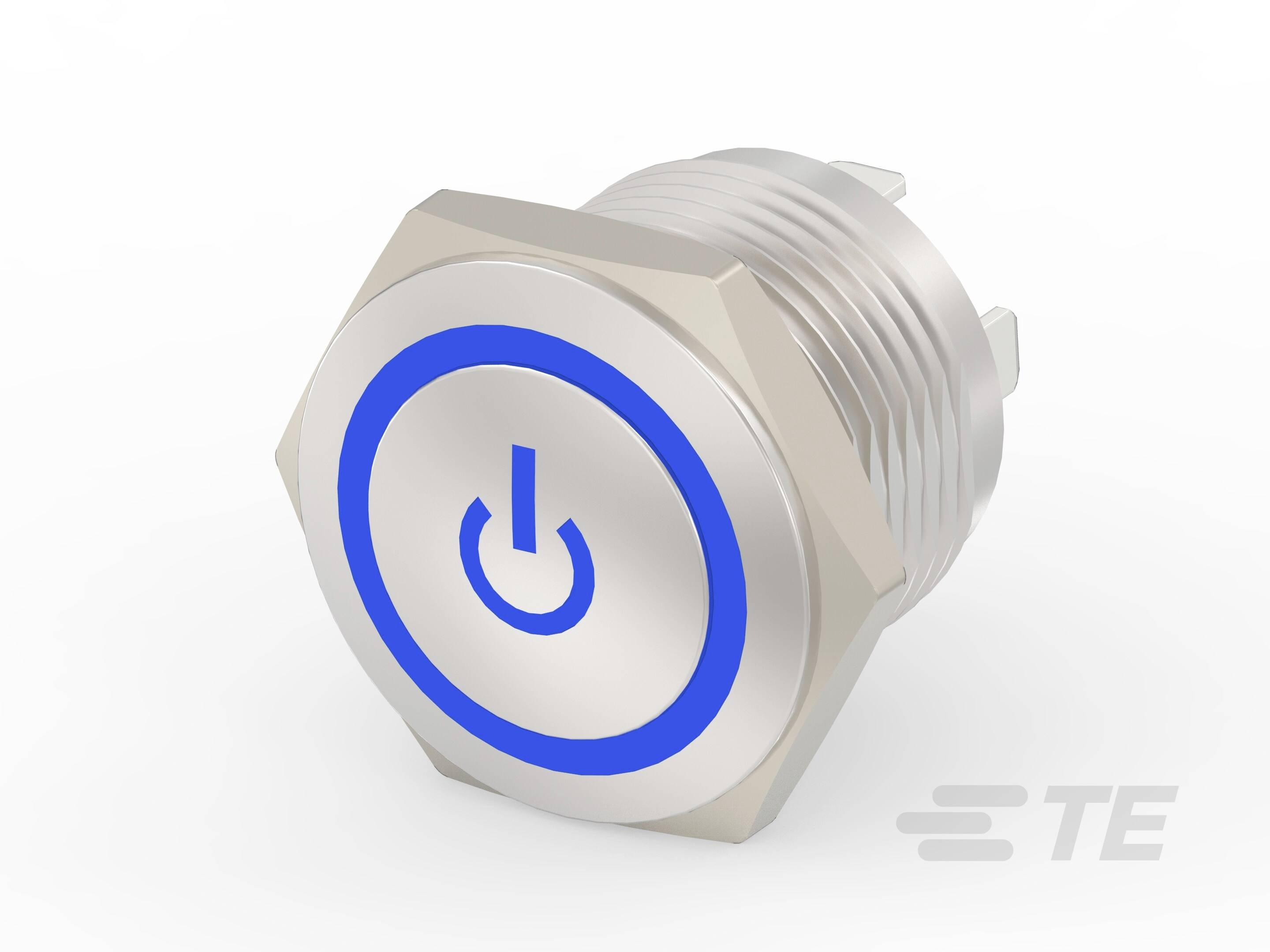 Metallischer Druckschalter mit blauem Ein-/Ausschaltzeichen auf der Vorderseite, vor hellem Hintergrund.