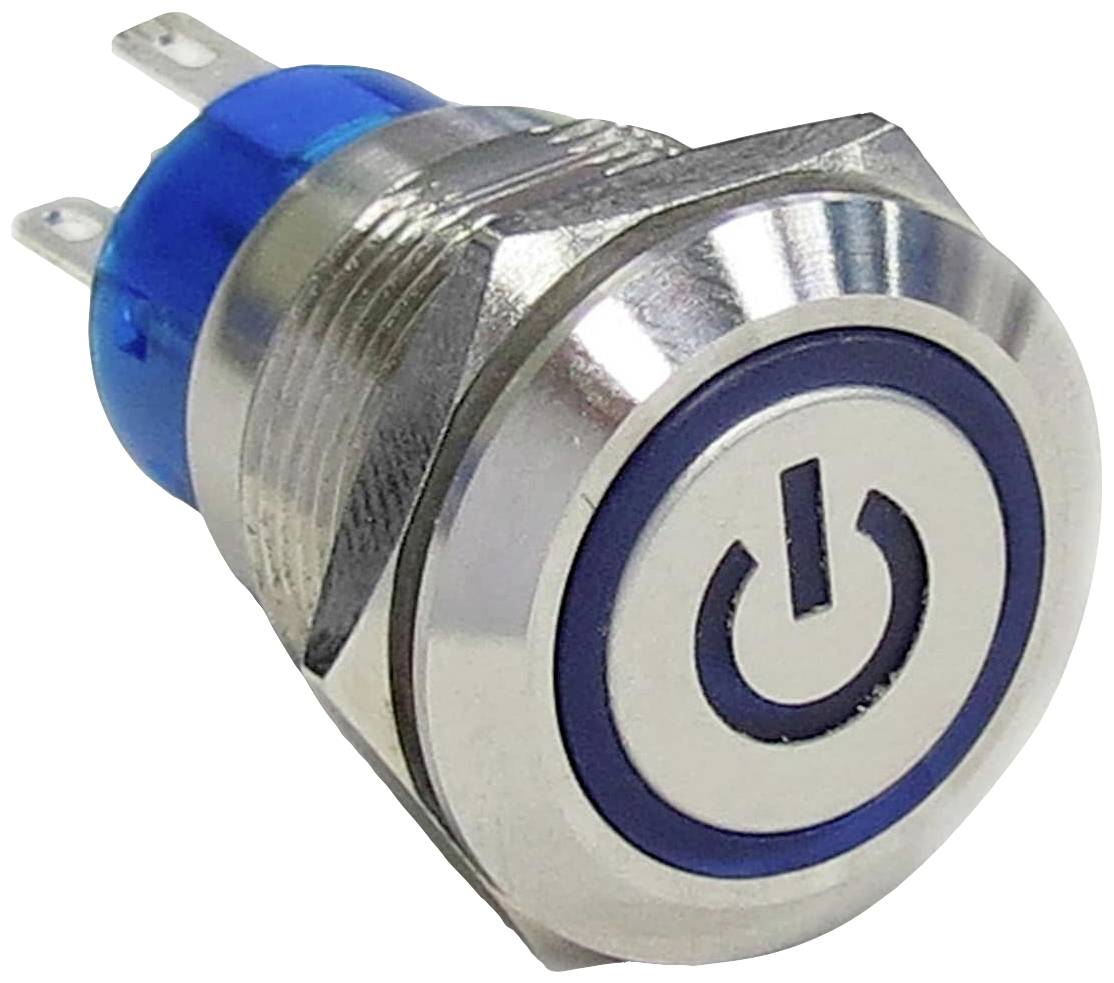 Runder, metallischer Druckknopf mit einem blauen 'Ein/Aus'-Symbol in der Mitte, geeignet für elektronische Geräte.