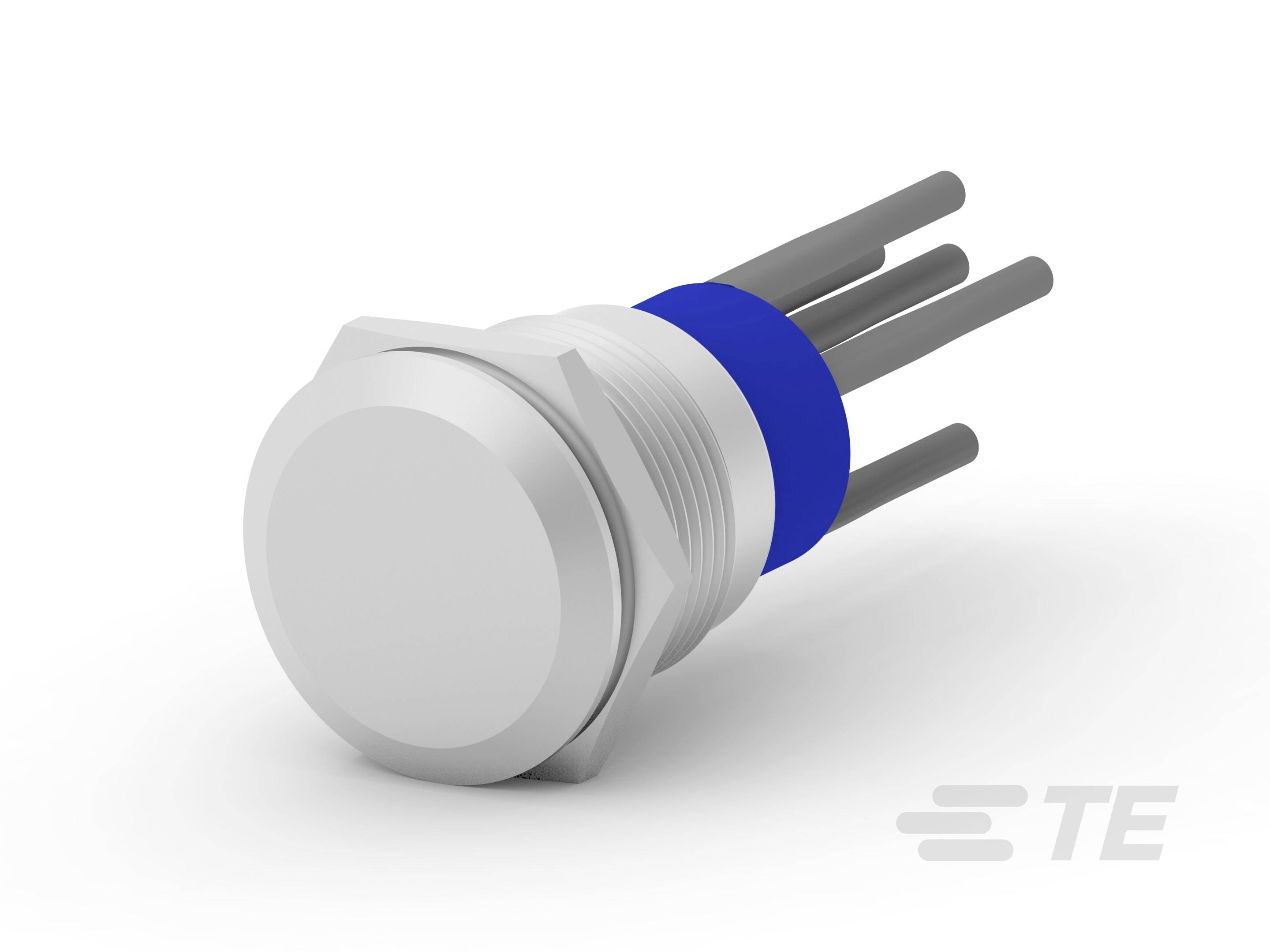 Ein Metallknopf mit blauen Details und mehreren Anschlussstiften, vermutlich ein elektronischer Schalter oder Taster.