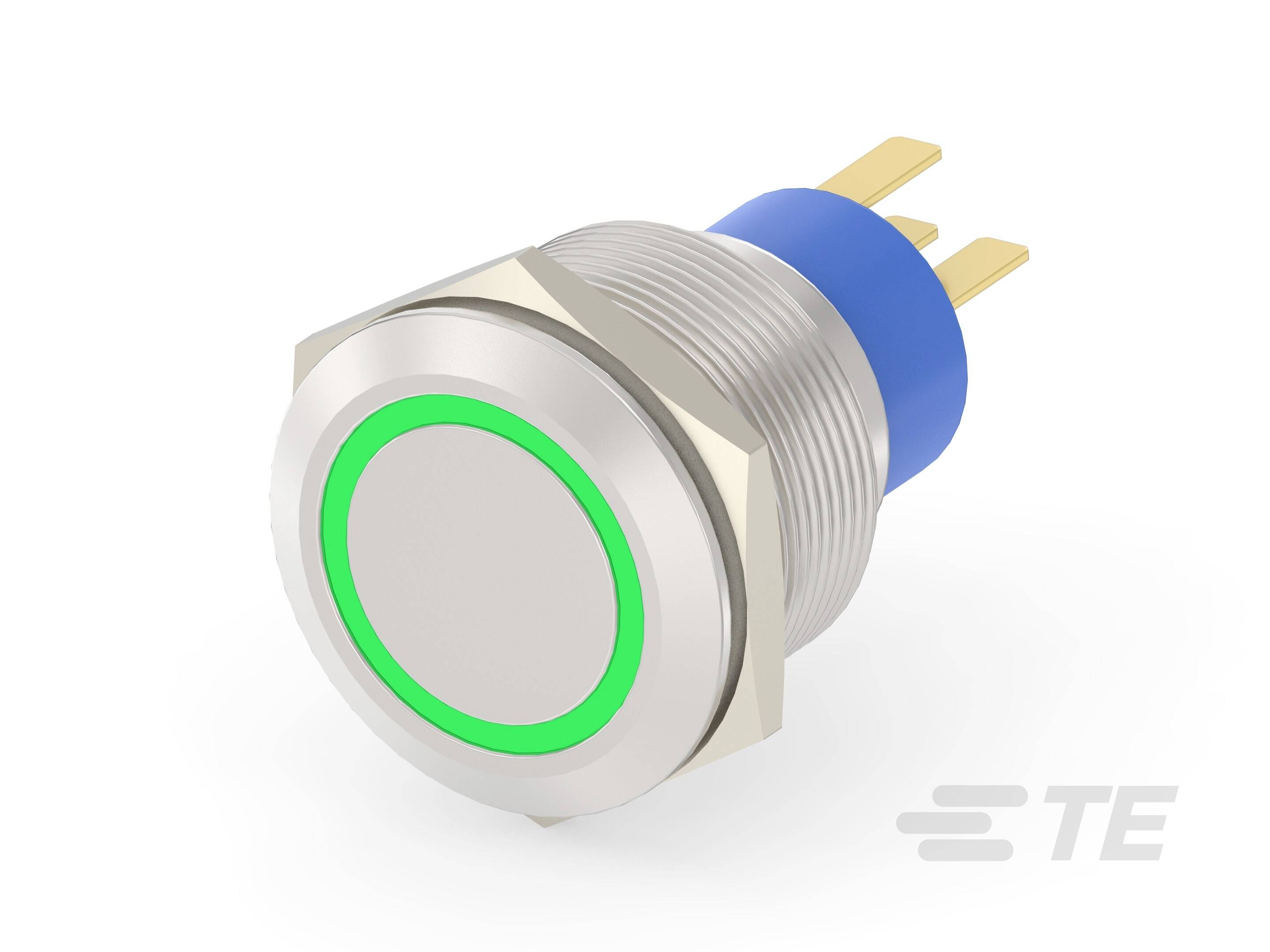 Ein runder Metall-Druckknopf mit grüner LED-Leuchtringanzeige. Rückseitig sind drei gelbe Anschlussstecker sichtbar.