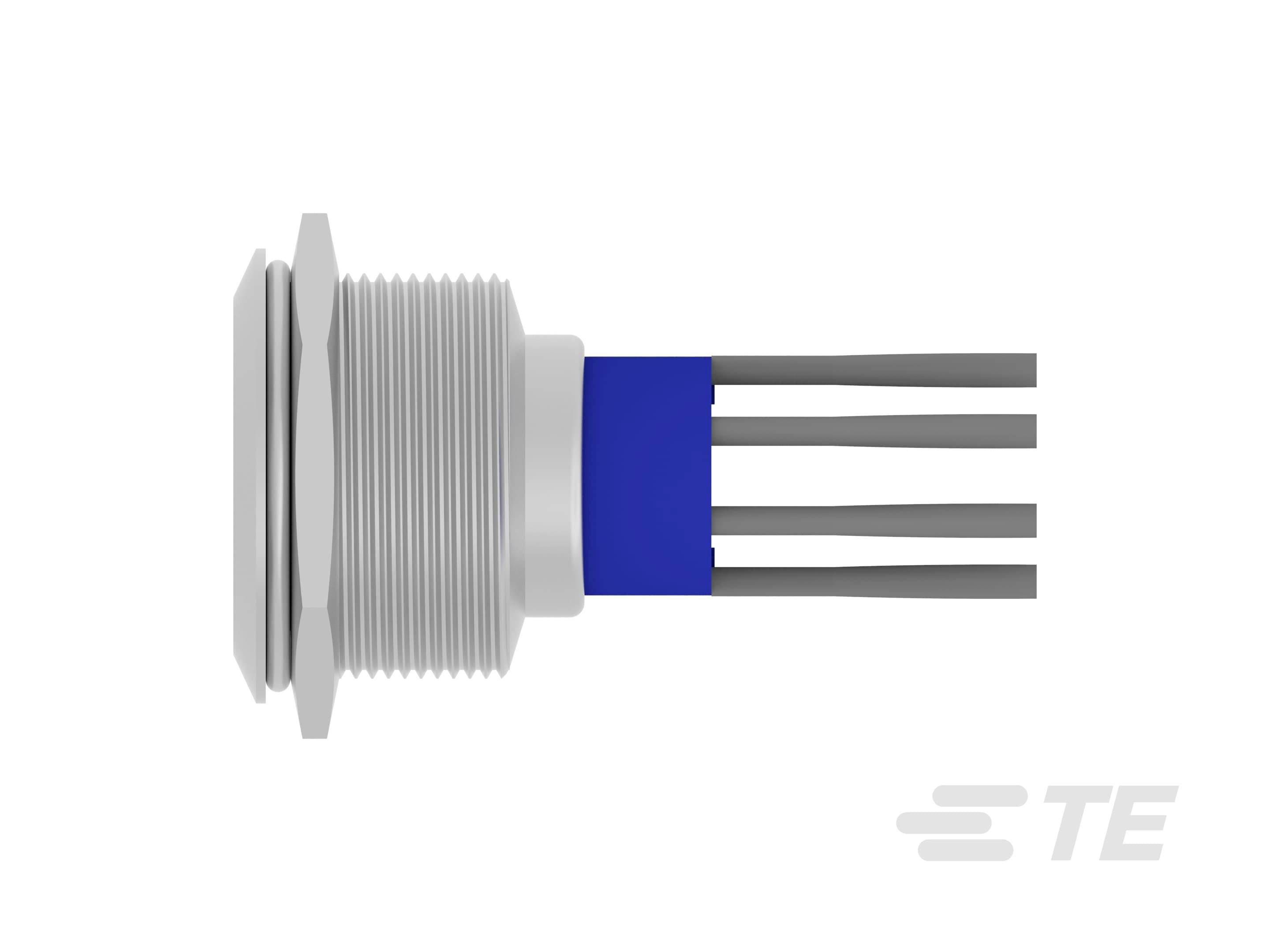 Ein elektrischer Rundstecker mit grauen Kabeln und einem blauen Mittelteil. Es ist seitlich ein Logo zu sehen.
