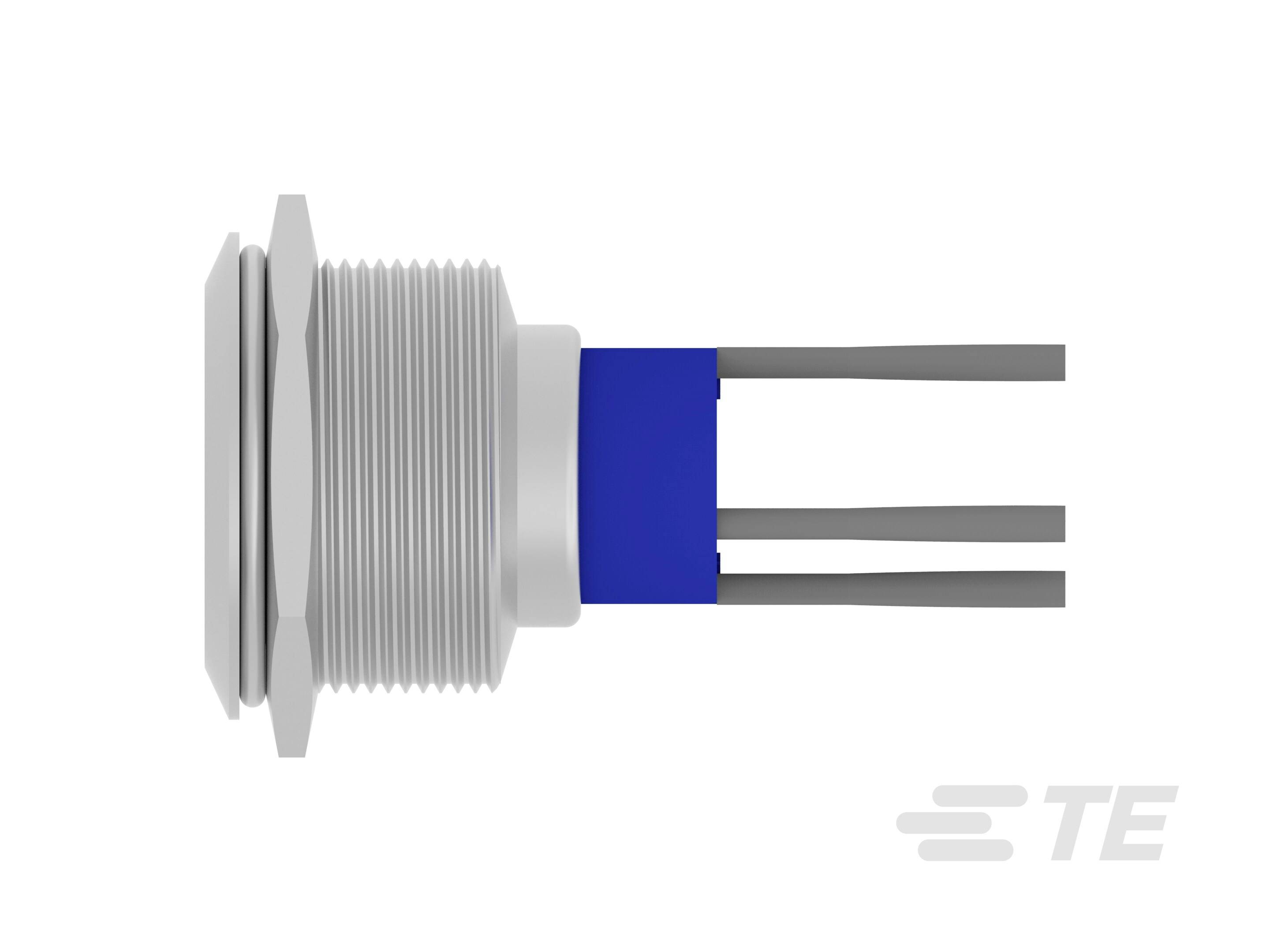 Seitenansicht eines elektrischen Steckverbinders mit Gewinde, blauer Basis und drei Kabeln.