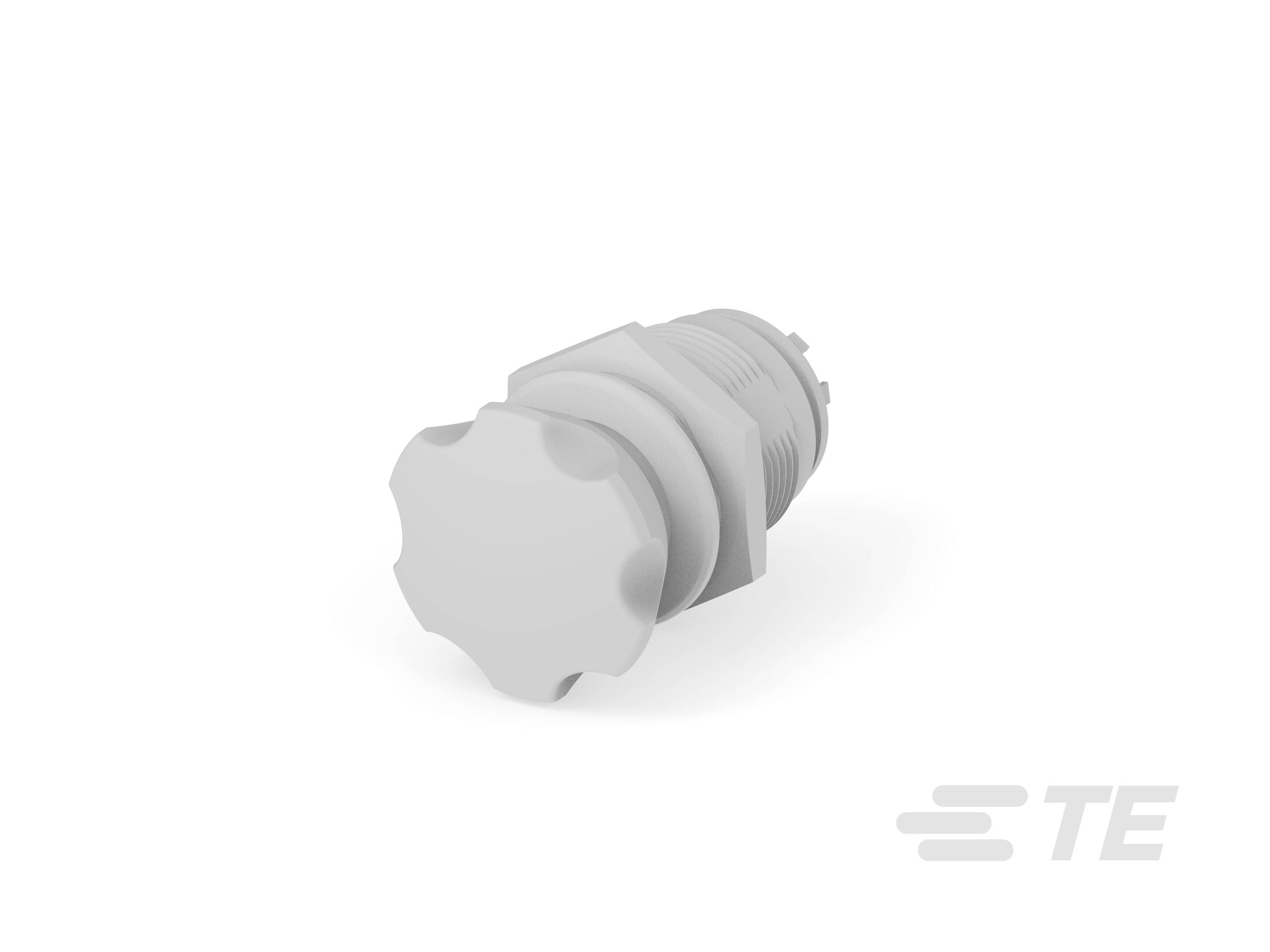 Ein grauer, gerippter Schraubdeckel, möglicherweise ein Verschluss oder Teil eines Anschlusses.