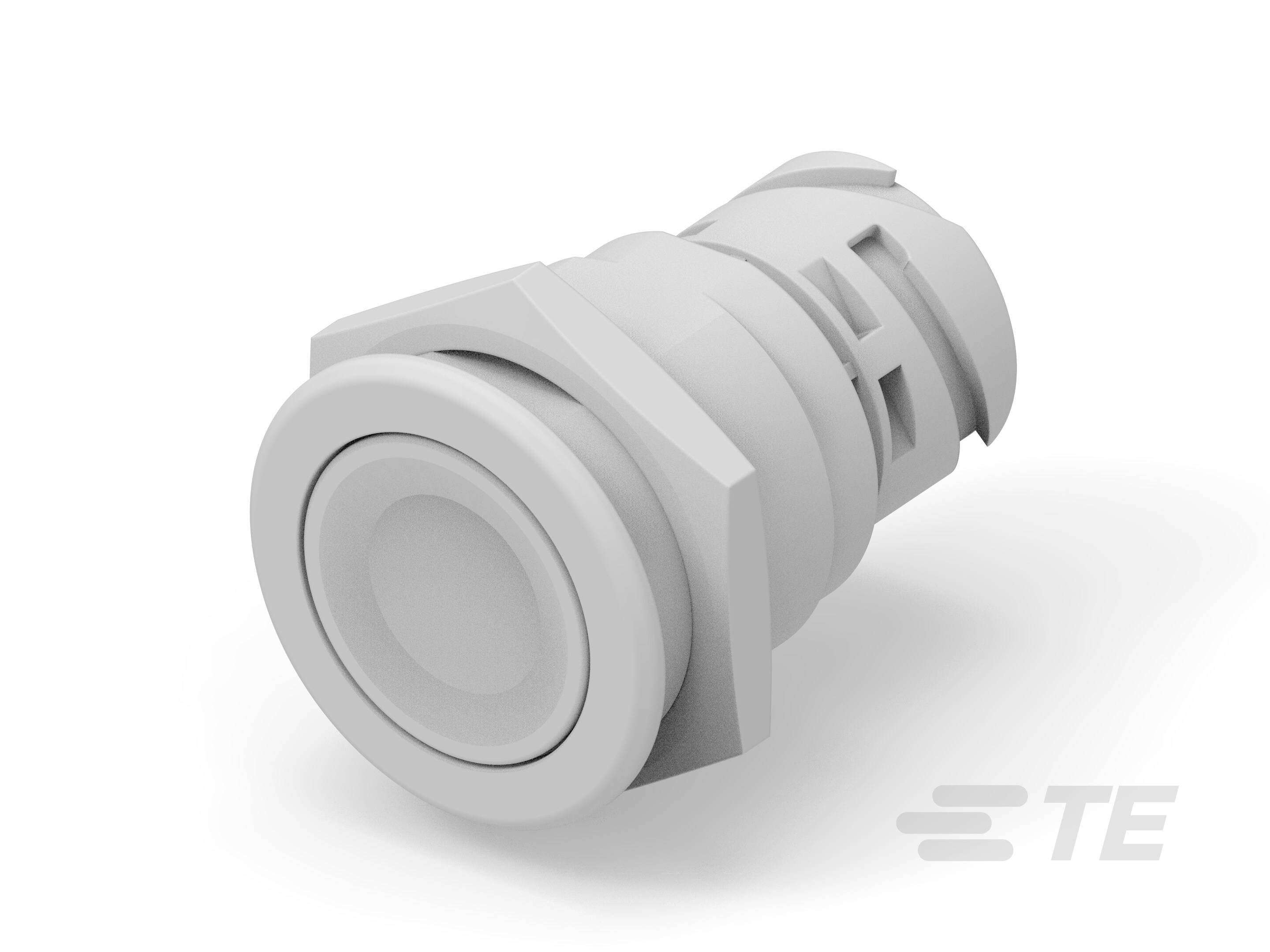 Ein weißer Druckknopf mit kreisförmigem Design, geeignet für elektronische Anwendungen, auf hellem Hintergrund.