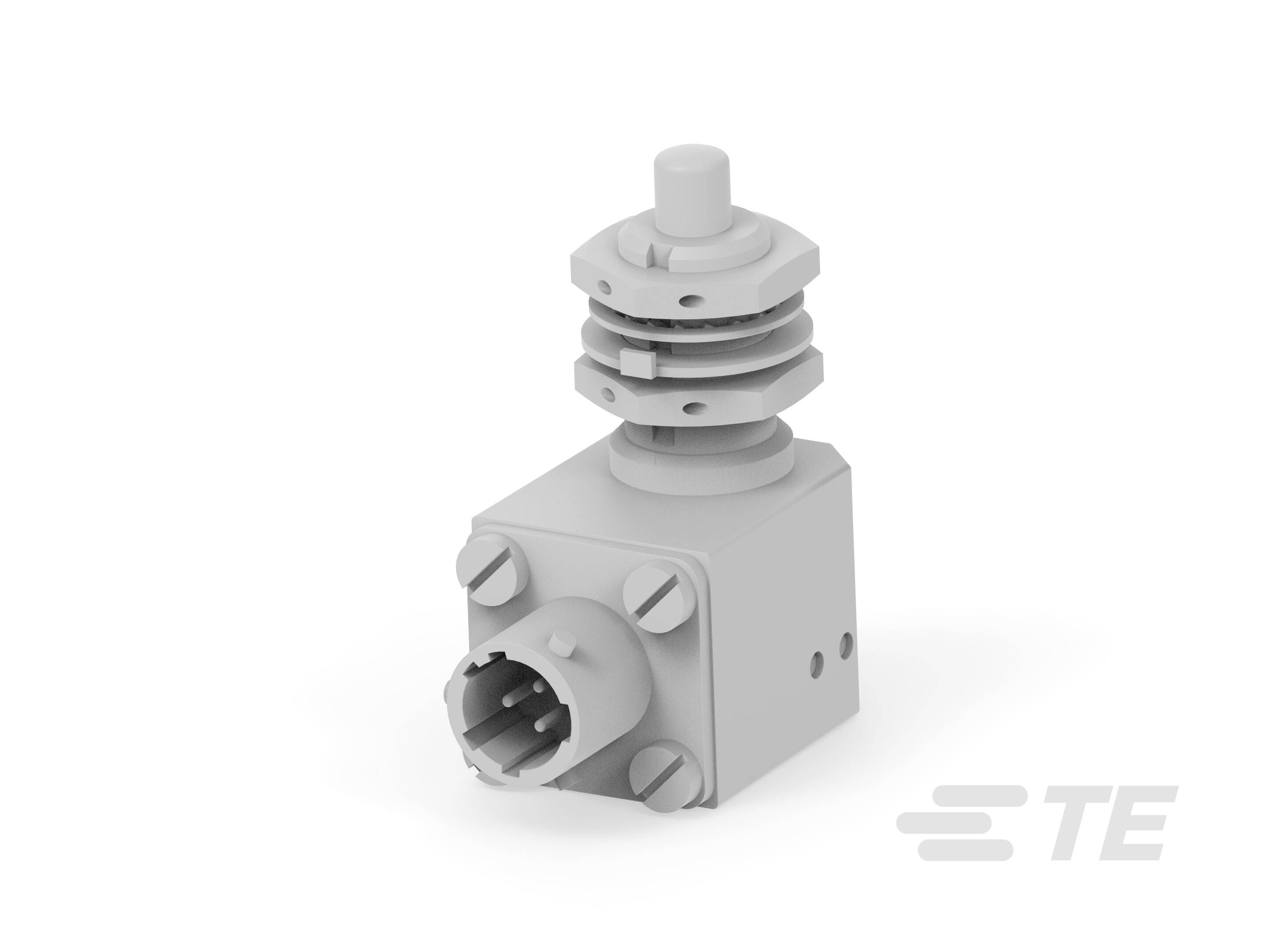 Industrieller Sensor mit Mehrweggelenk zur Positions- oder Drehmomentmessung, montiert auf einem rechteckigen Gehäuse, Hersteller 'TE'.