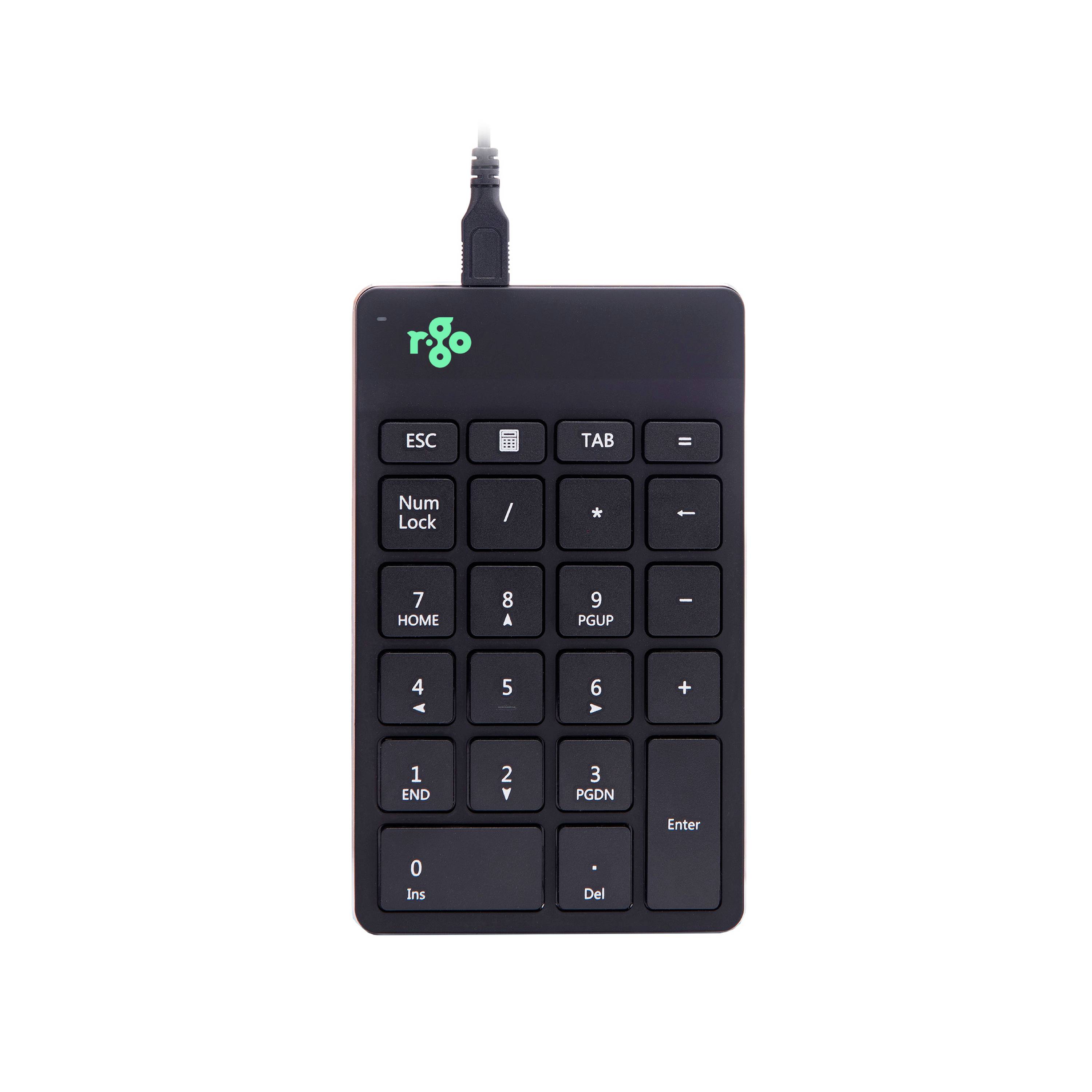 Externe numerische Tastatur mit USB-Anschluss, schwarze Tasten mit Zahlen und Funktionstasten wie ESC, TAB und Enter.