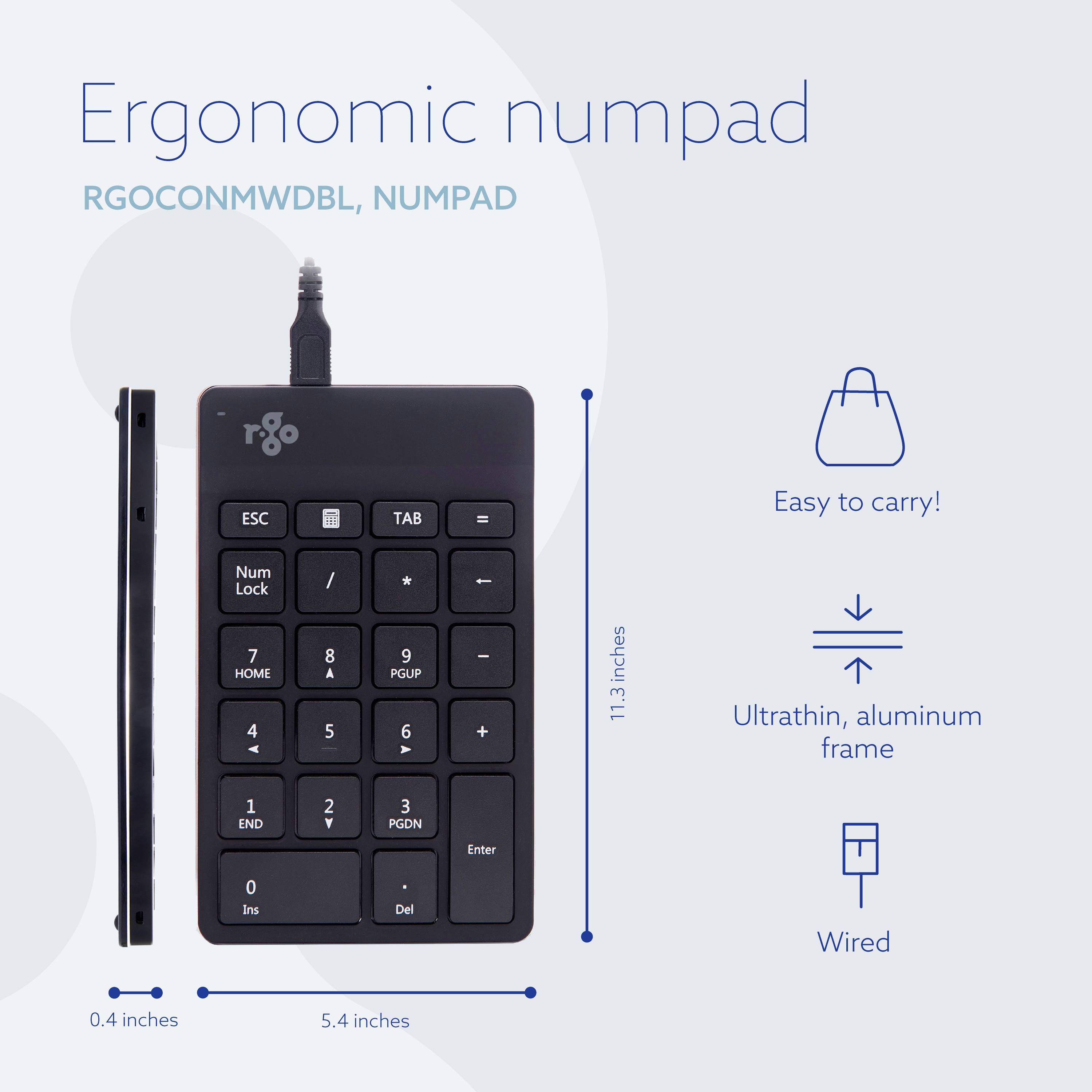 'Ergonomisches Numpad RGO' mit Kabel, ultradünnem Aluminiumboden, Abmessungen 11,3 x 5,4 x 0,4 Zoll. Leicht zu transportieren.