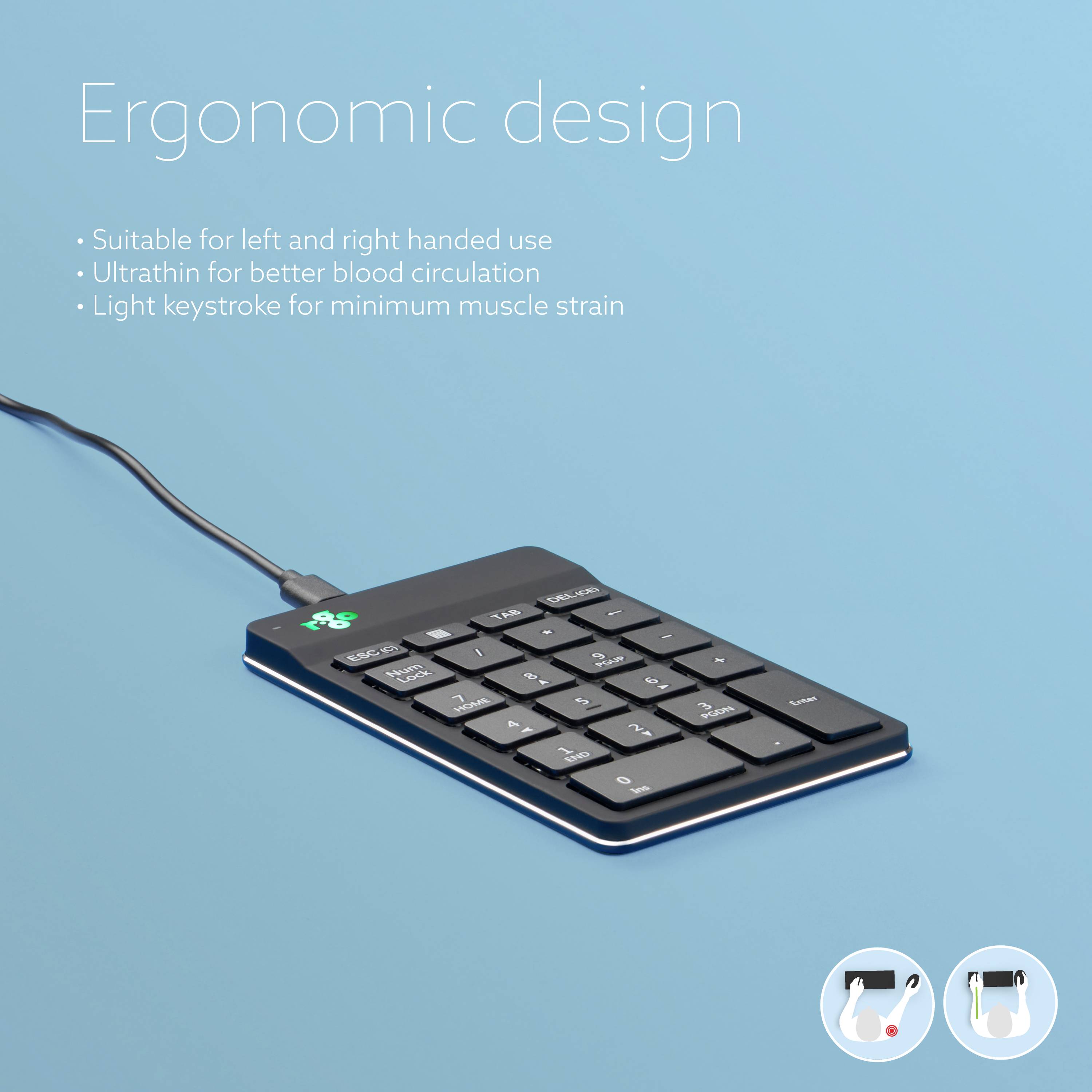 Ergonomische Tastatur mit Kabel auf blauem Hintergrund. Text: 'Ergonomic design'. Merkmale: für Rechts- und Linkshänder, ultradünn, leichte Tastenanschläge.