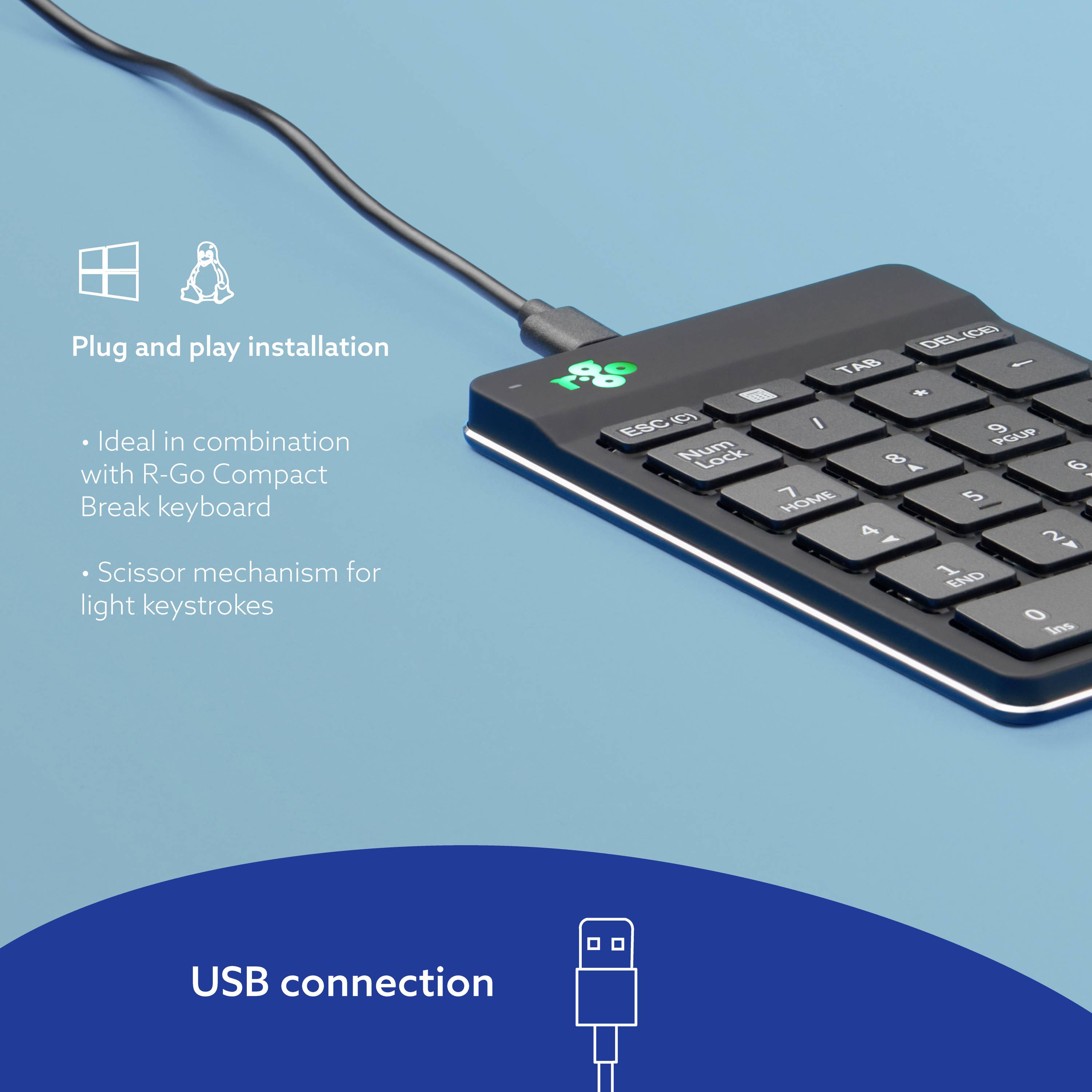 Eine beleuchtete Tastatur mit USB-Anschluss. Text beschreibt die 'Plug and play'-Installation, leichte Tastenanschläge und die Kombinierbarkeit mit der R-Go Compact Break Tastatur.