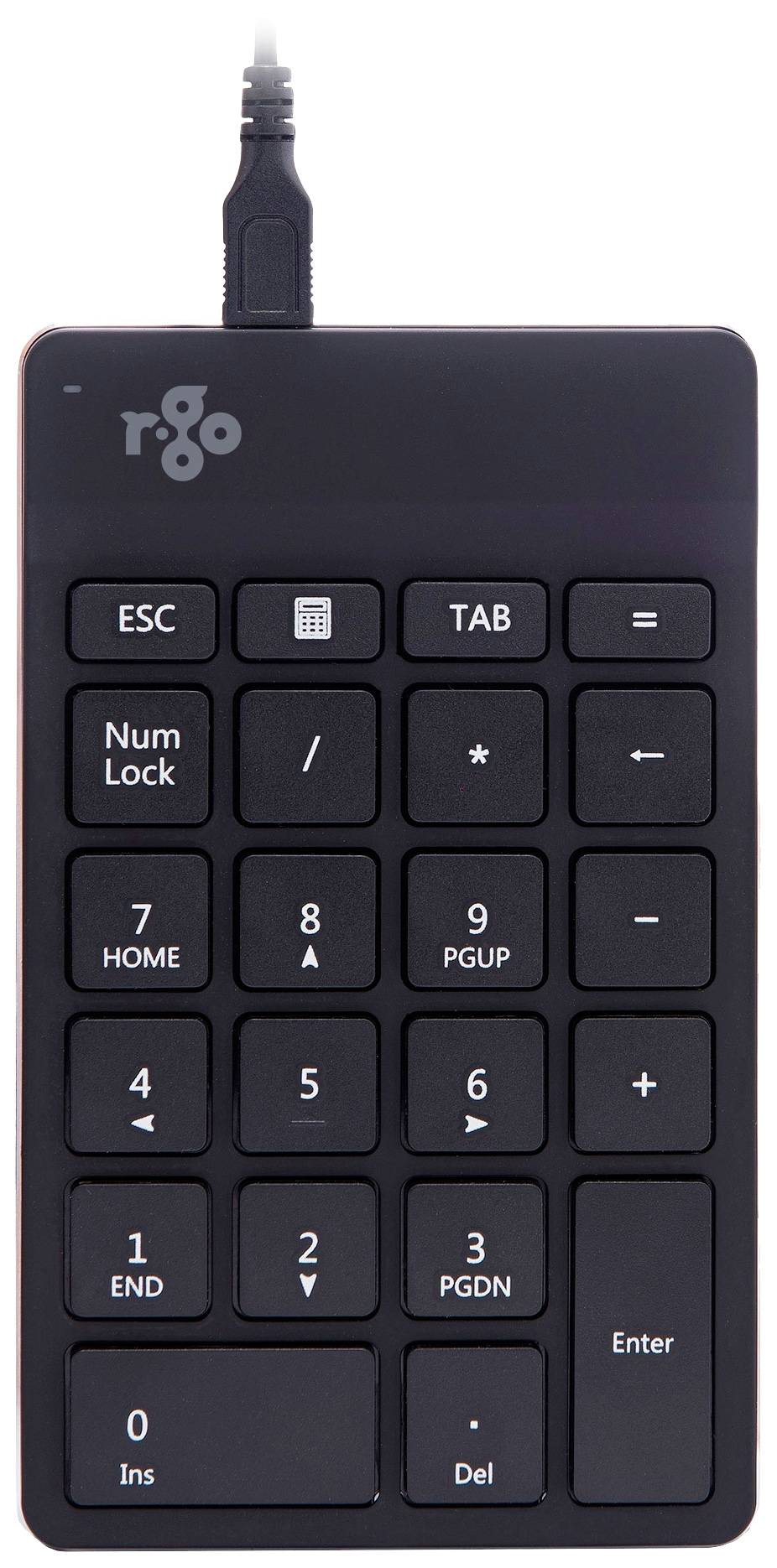 Schwarzer Ziffernblock mit Kabelverbindung und Tasten für Zahlen von 0 bis 9, Rechenoperationen, sowie Tasten für 'Num Lock', 'ESC', 'TAB'.