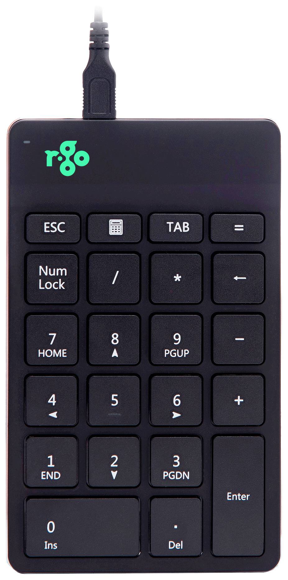 Externe numerische Tastatur mit schwarzen Tasten und weißen Zahlen. Enthält Tasten für Eingabe und Navigation, Kabelverbindung oben.