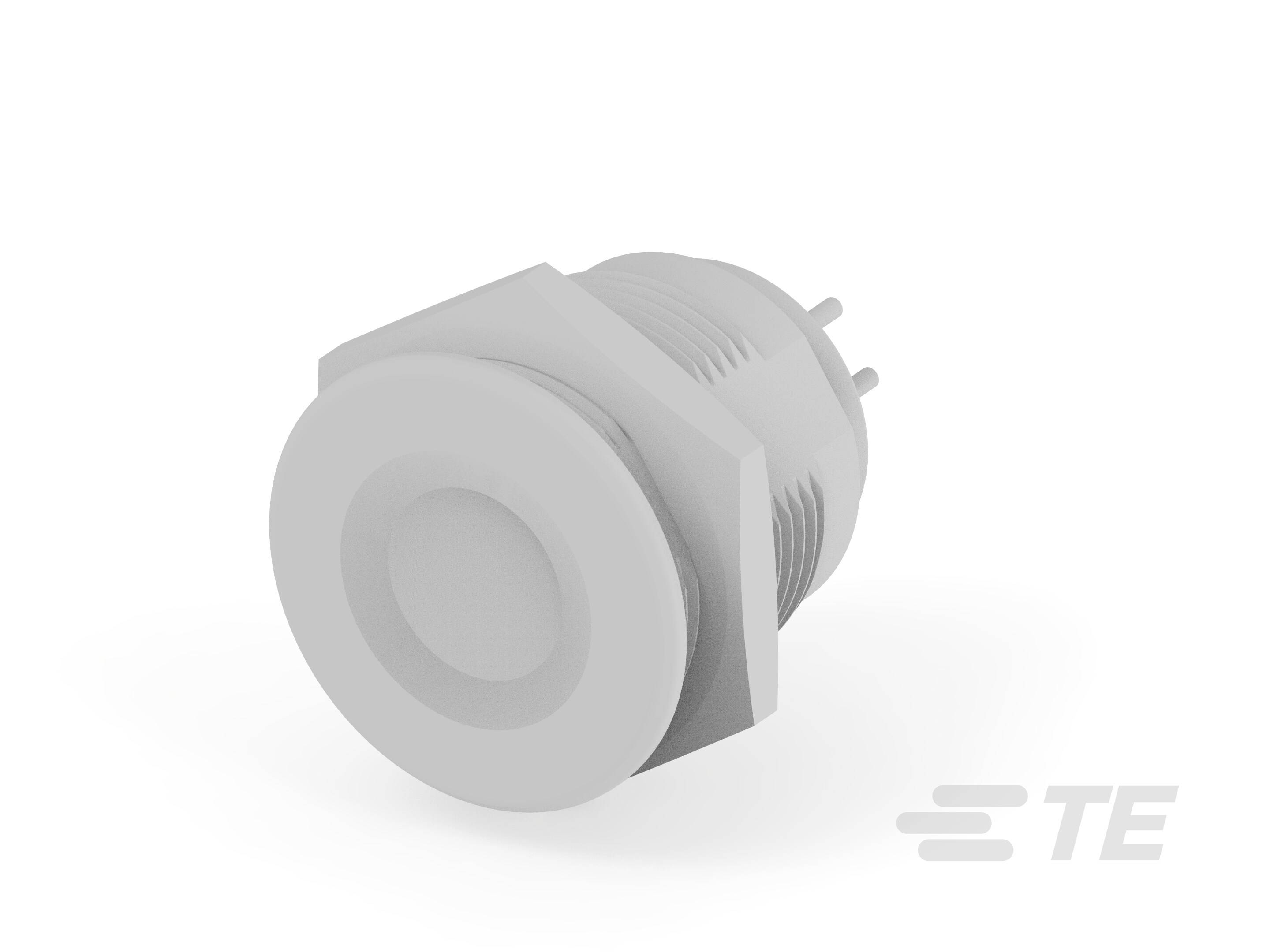 Ein grauer, runder Elektroschalter, von schräg oben fotografiert. Links im Bild ist das Logo von TE Connectivity zu sehen.