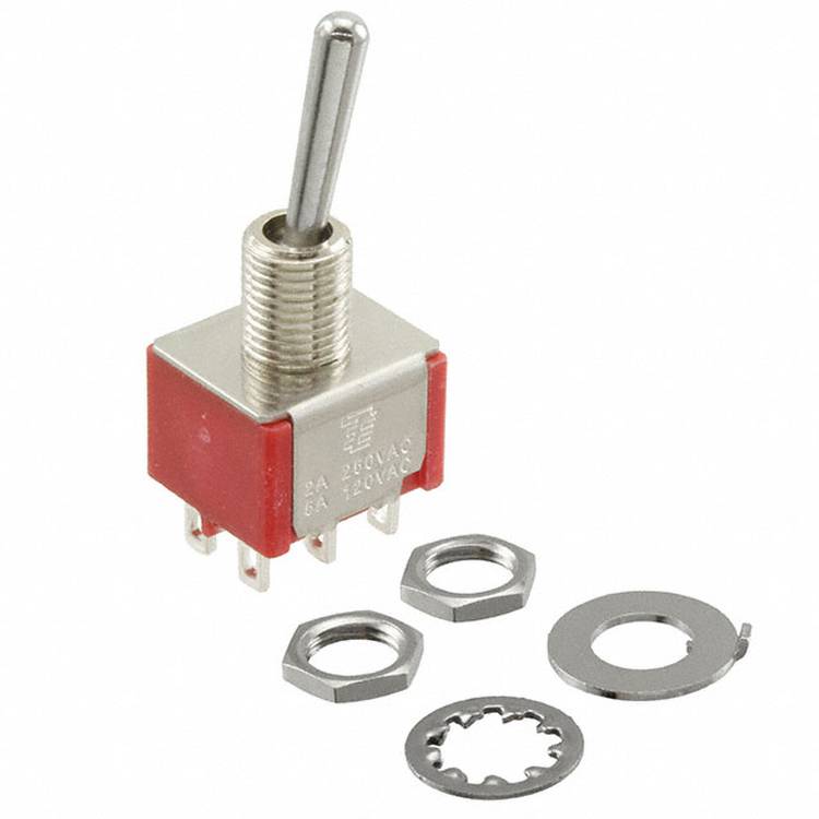 Ein roter und silberner Kippschalter mit drei in der Nähe platzierten Metallunterlegscheiben, entworfen zur Steuerung von Stromkreisen.