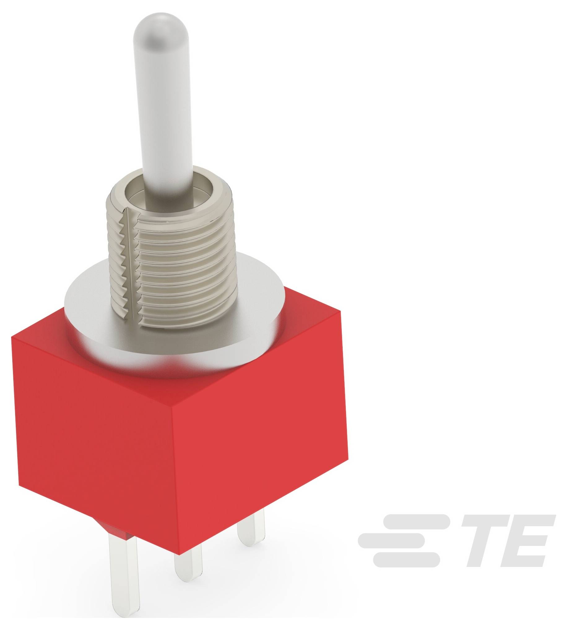 Ein Kippschalter mit rotem Sockel und metallischem Hebel, mit vier Anschliffstiften unterhalb. Das Logo 