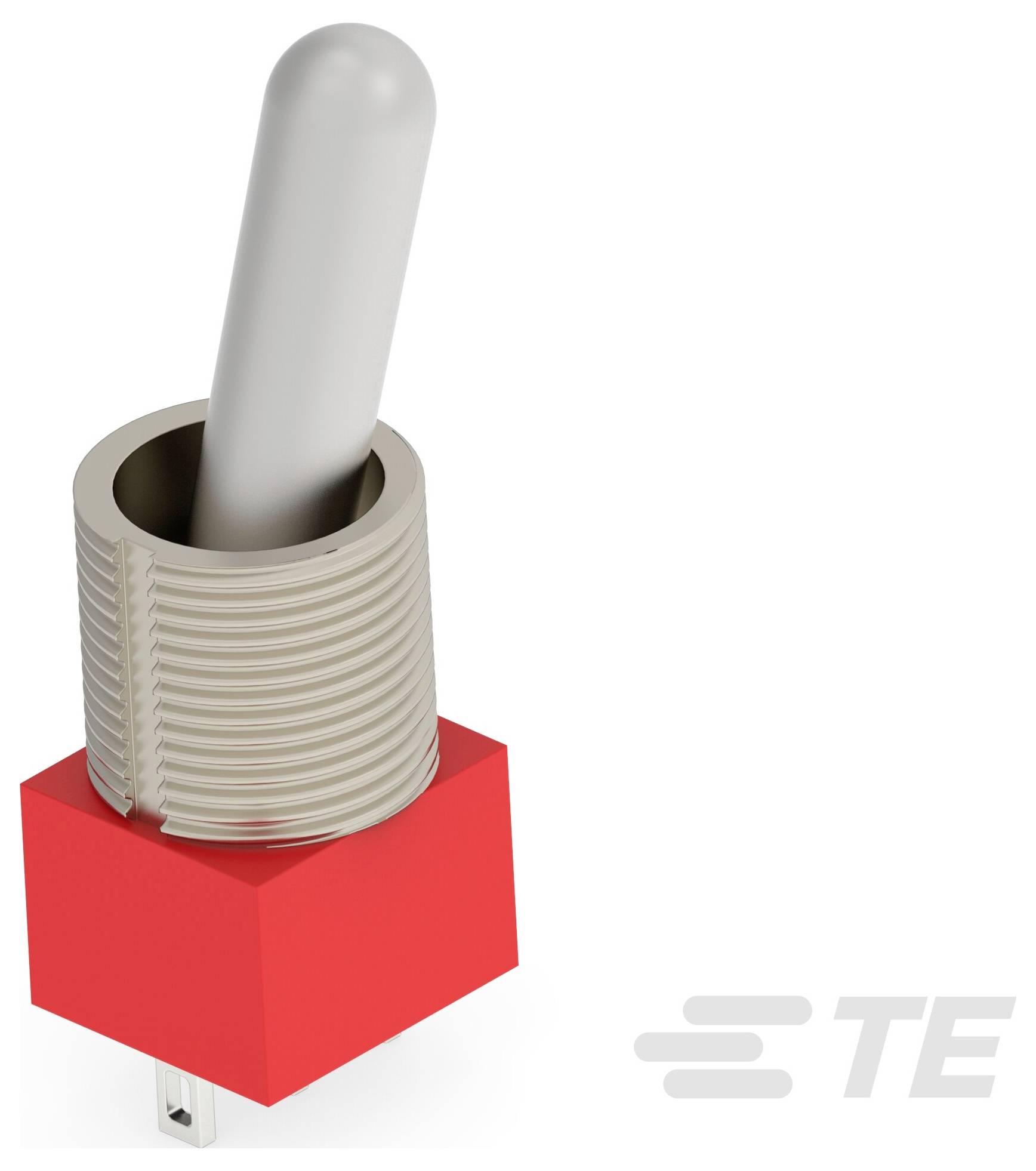 Ein Kippschalter mit roter Basis und vertikalem Metallgriff, mit dem 'TE'-Logo in der unteren Ecke gekennzeichnet.