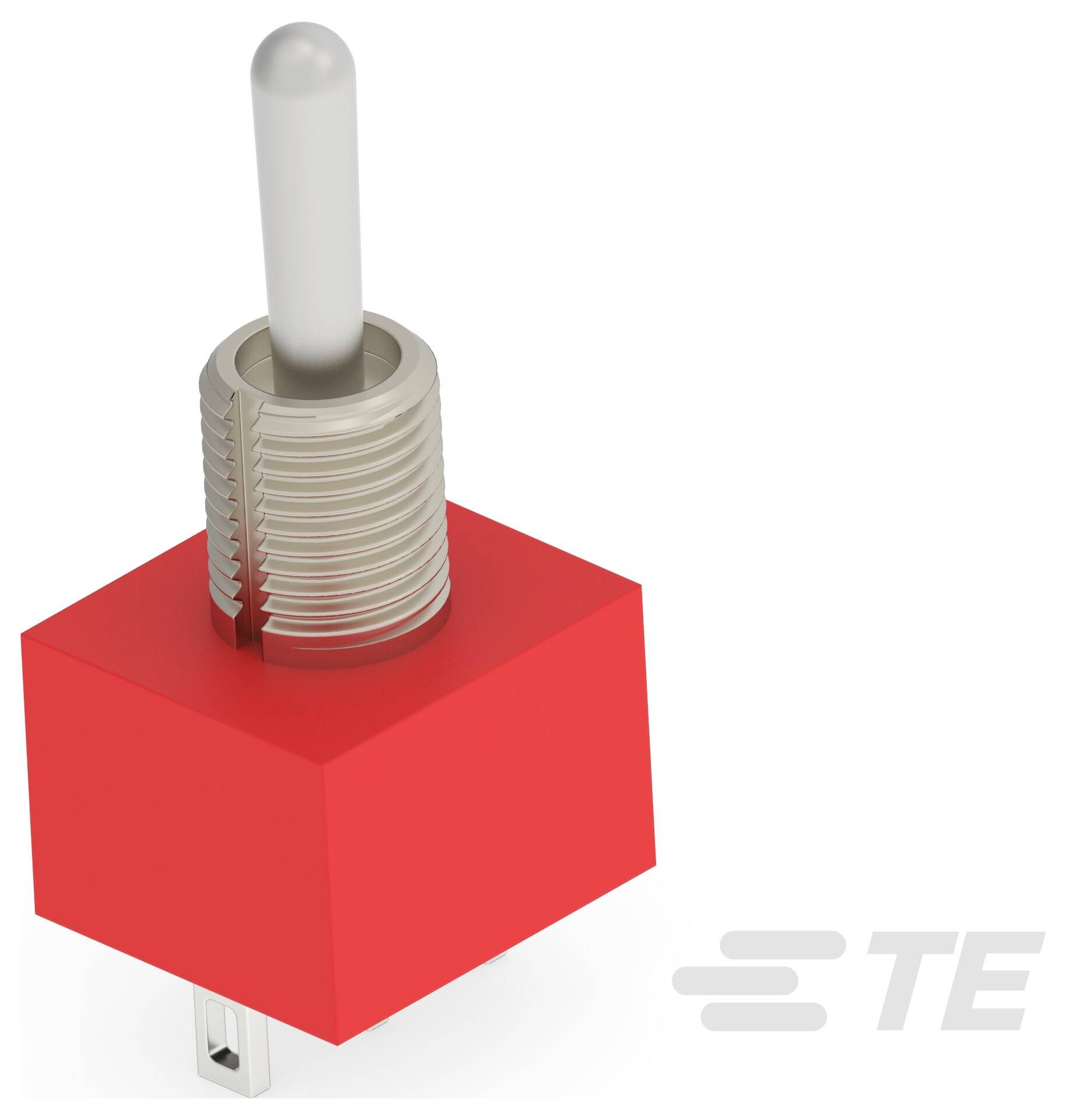 Ein Kippschalter mit einer roten rechteckigen Basis und einem grauen Hebel, verwendet in der Elektronik zur Ein-/Ausschaltung, gezeigt mit TE-Logo.