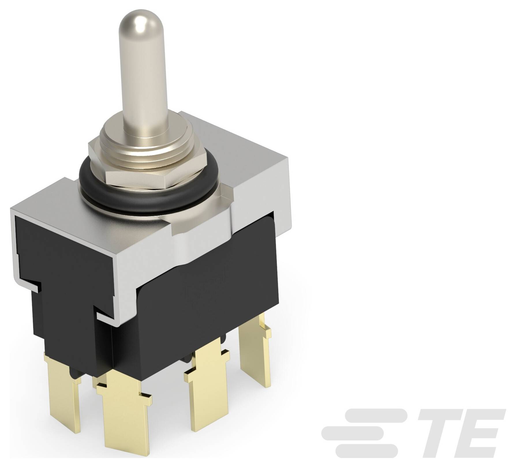 Ein Metallkippschalter mit zylindrischem Hebel und mehreren vergoldeten Anschlüssen, der in elektrischen Schaltkreisen verwendet wird, ist mit TE-Branding dargestellt.