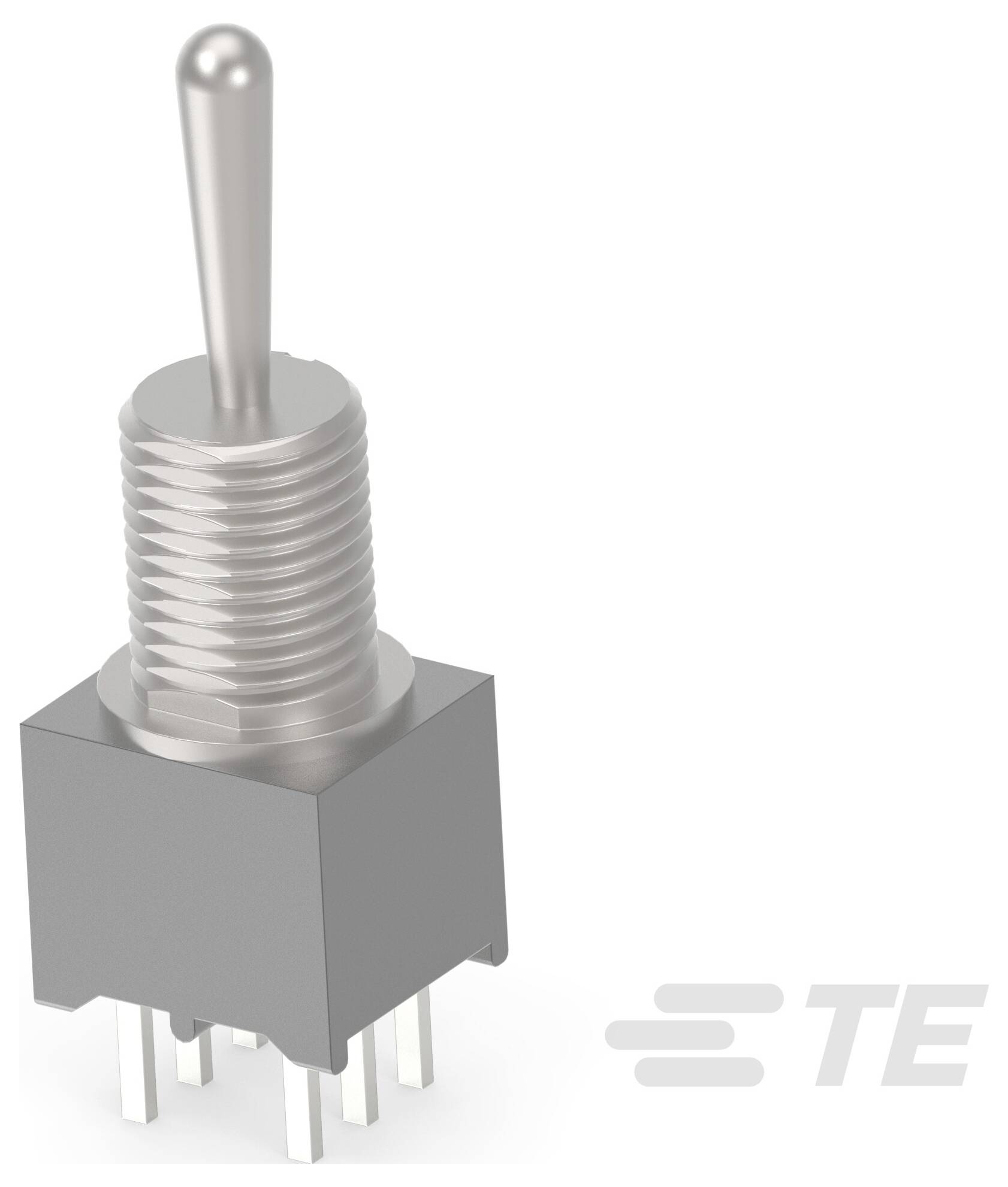Ein Kippschalter mit metallischem Griff und mehreren Stiften für elektronische Verbindungen, im Winkel angezeigt. TE-Logo in der Ecke.