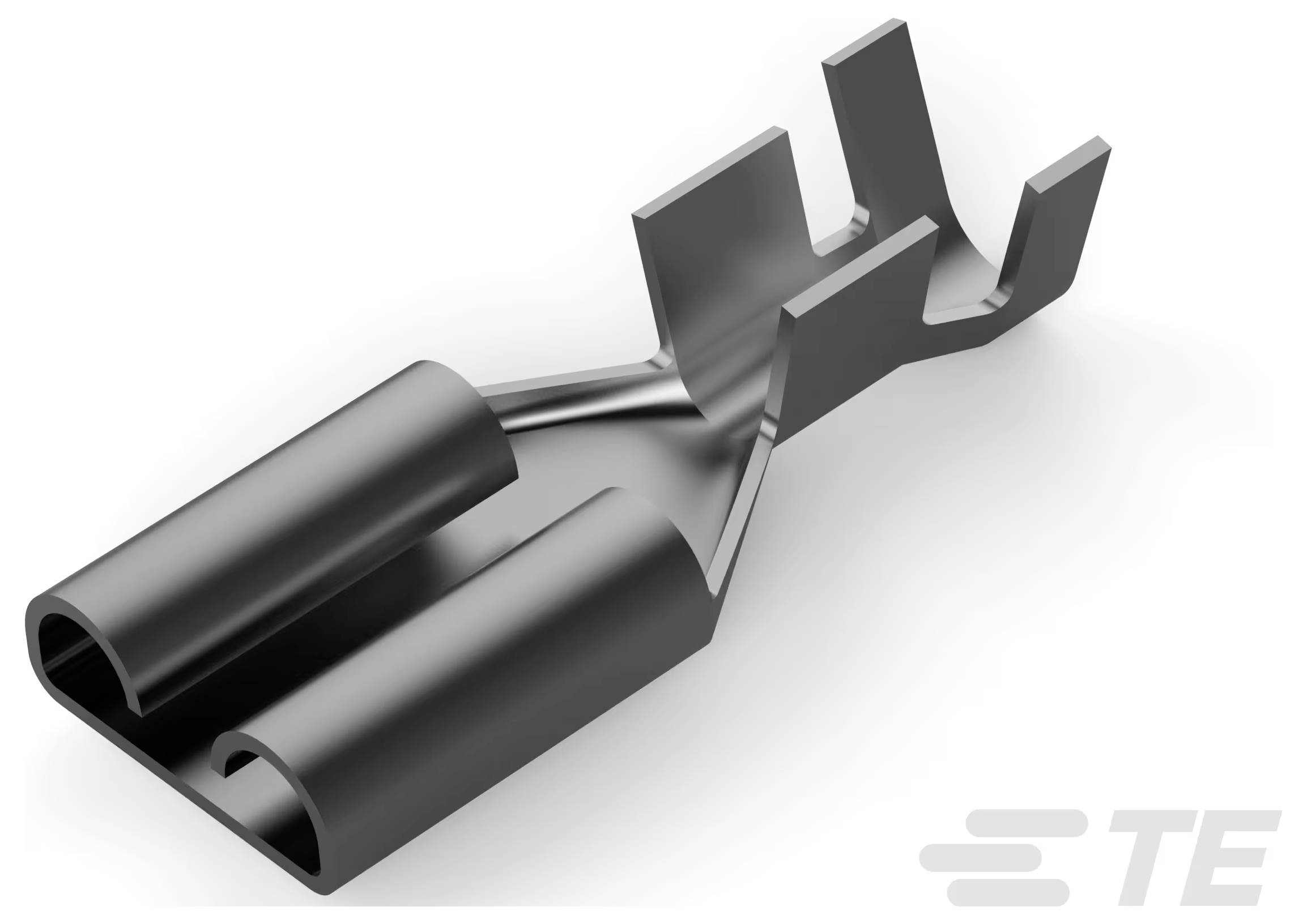 Ein Nahaufnahmebild eines schwarzen elektrischen Crimpklemmen-Steckers mit einem TE-Logo in der unteren rechten Ecke.