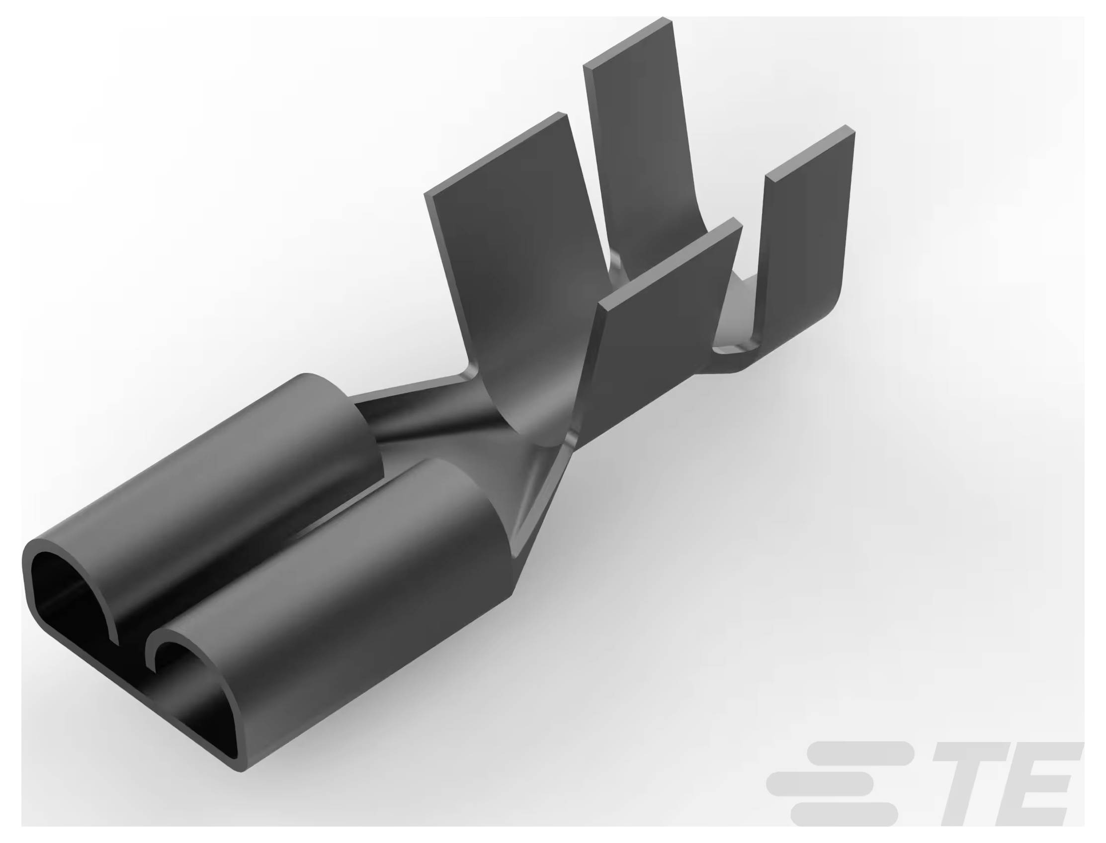 Ein 3D-gerendertes Bild eines Dual-Slot-Elektroprüfstecker-Anschlusses, der für präzise Drahtverbindungen konzipiert ist und zwei Öffnungen für die Einfügung aufweist.