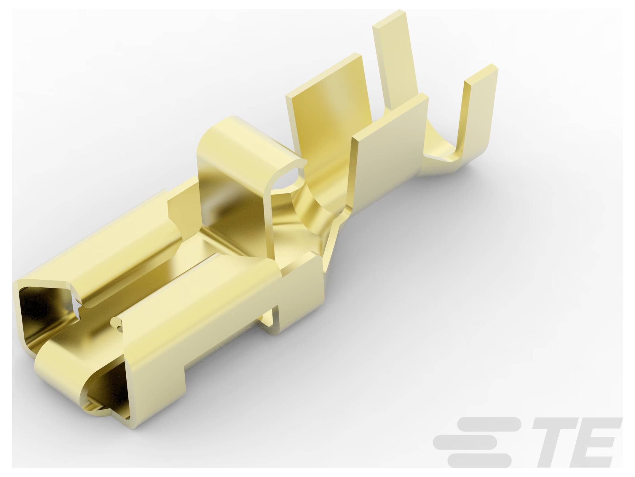 Ein Goldmetallverbinder mit gepresster Endung, konzipiert für elektrische Anwendungen, mit einem geprägten Logo in der unteren rechten Ecke.