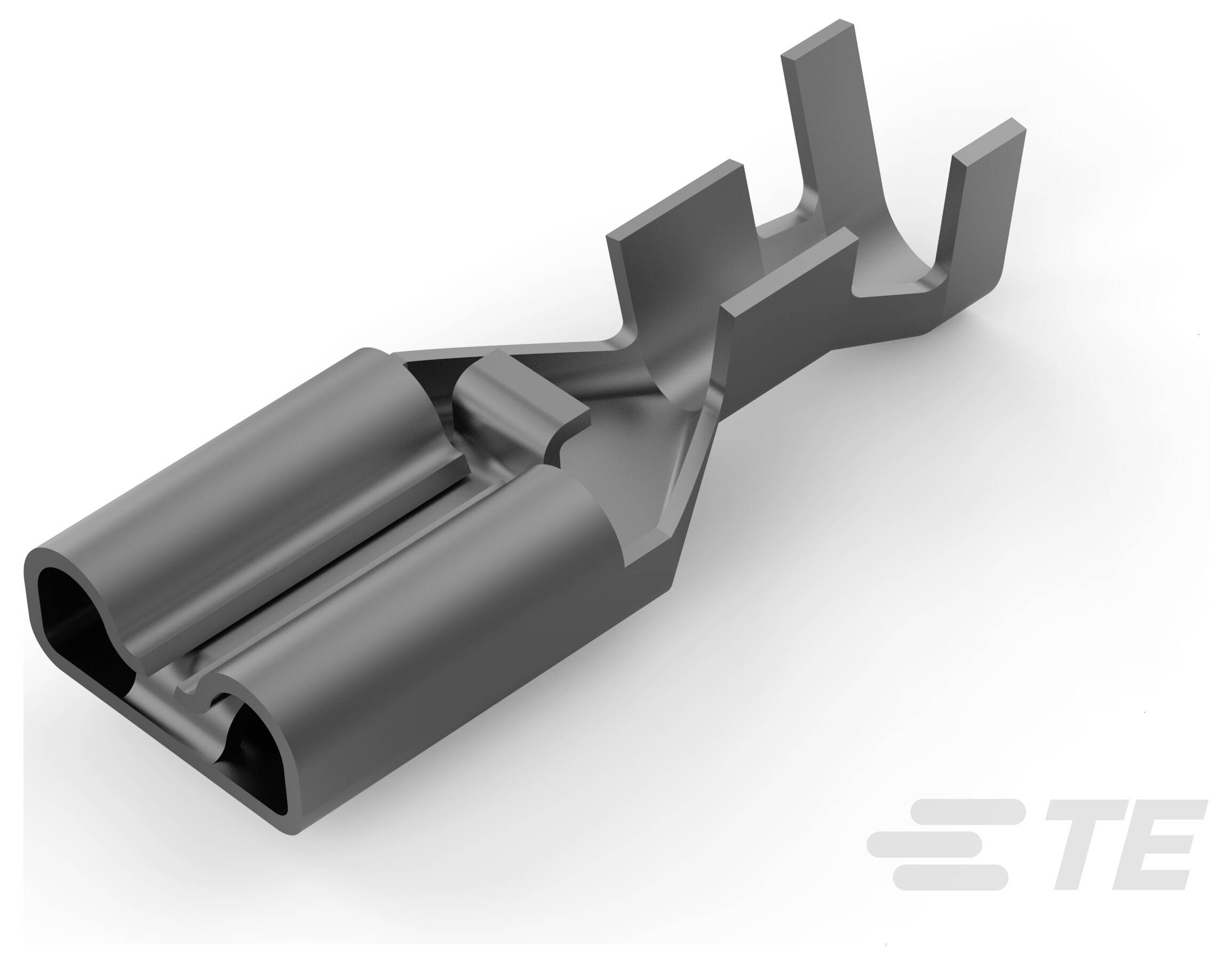 Ein metallischer elektrischer Anschlussverbinder mit zwei Öffnungen und gebogenen Laschen, konstruiert zum Sichern von elektrischen Drähten innerhalb eines Geräts.