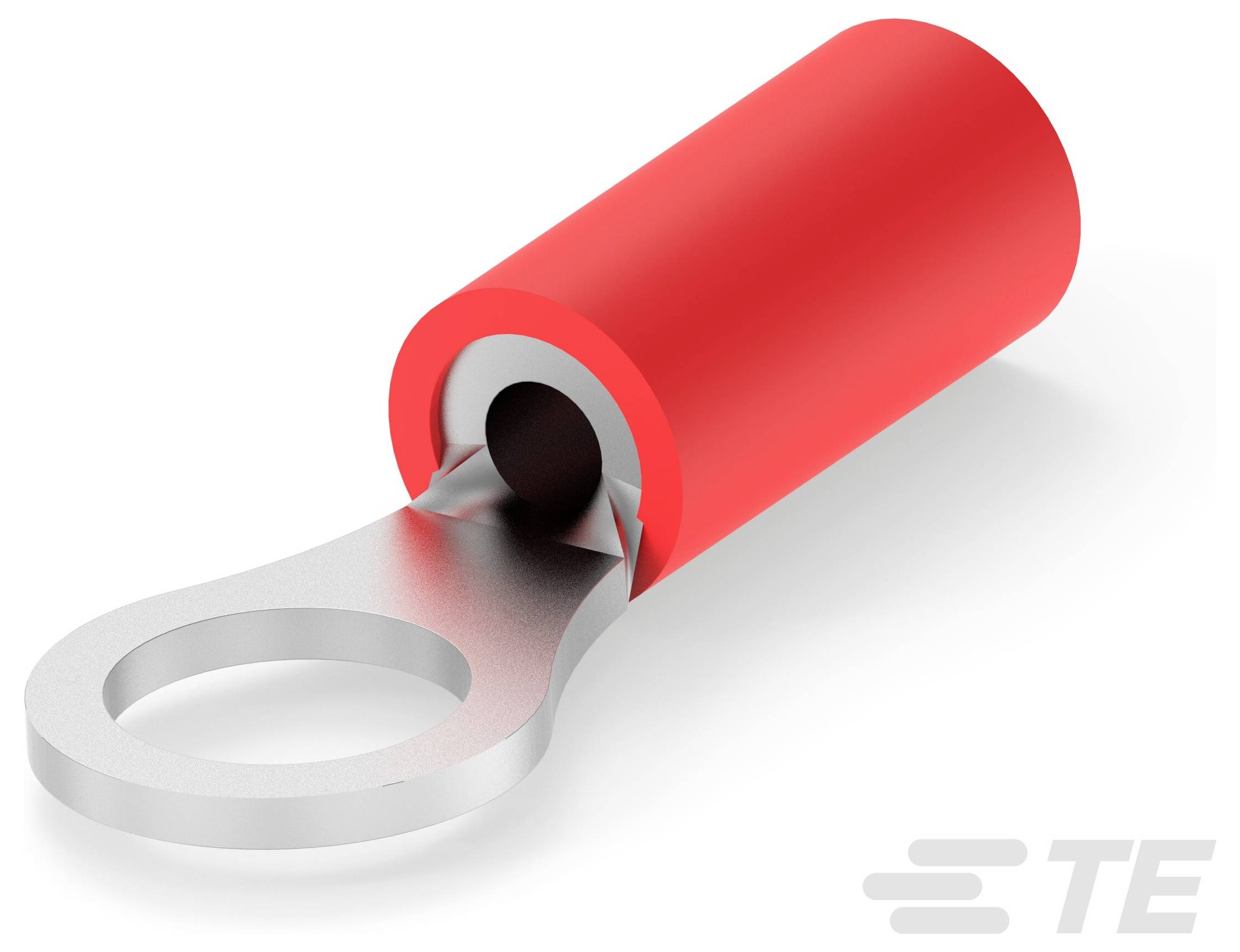 Rotes Elektrik-Ringterminal mit Metallöse, verwendet zum Verbinden eines Drahtes mit einem Pfosten. Branding unten rechts sichtbar.