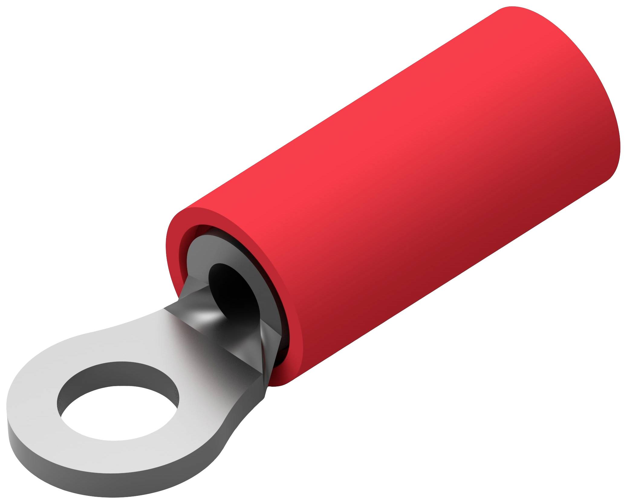 Eine rote Kabelöse mit einem runden, flachen Metallteil zum Anschließen an elektrische Anschlüsse.