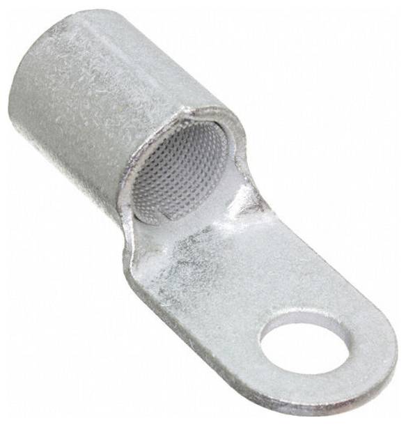 Ein Metallringanschluss mit zylindrischem Ende für die Drahtverbindung und flachem Ende mit Loch zur sicheren Befestigung an Oberflächen.