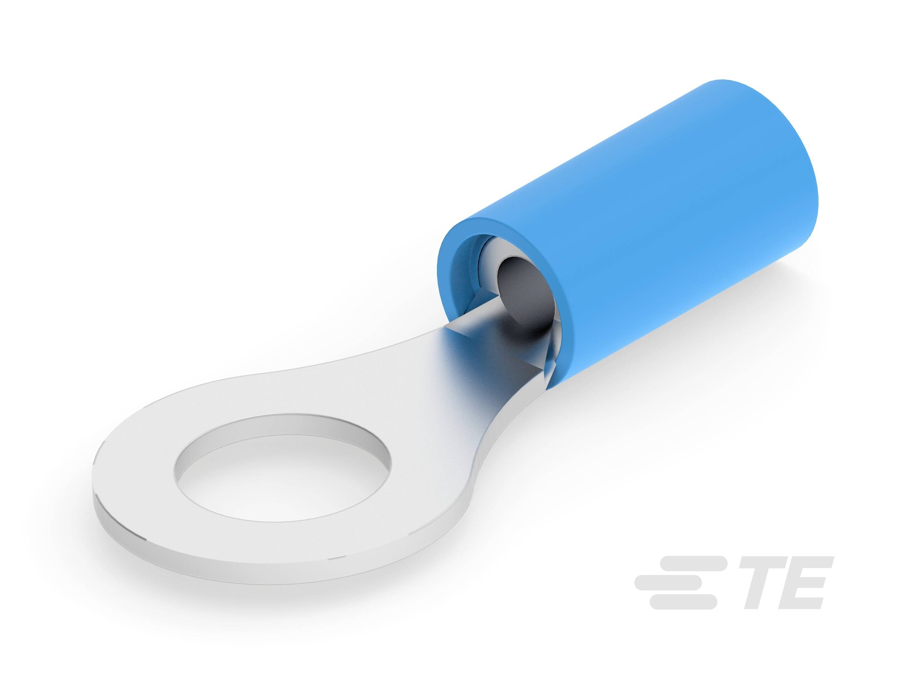 Metall-Ringkabelschuh mit blauer Isolierung für elektrische Verbindungen.