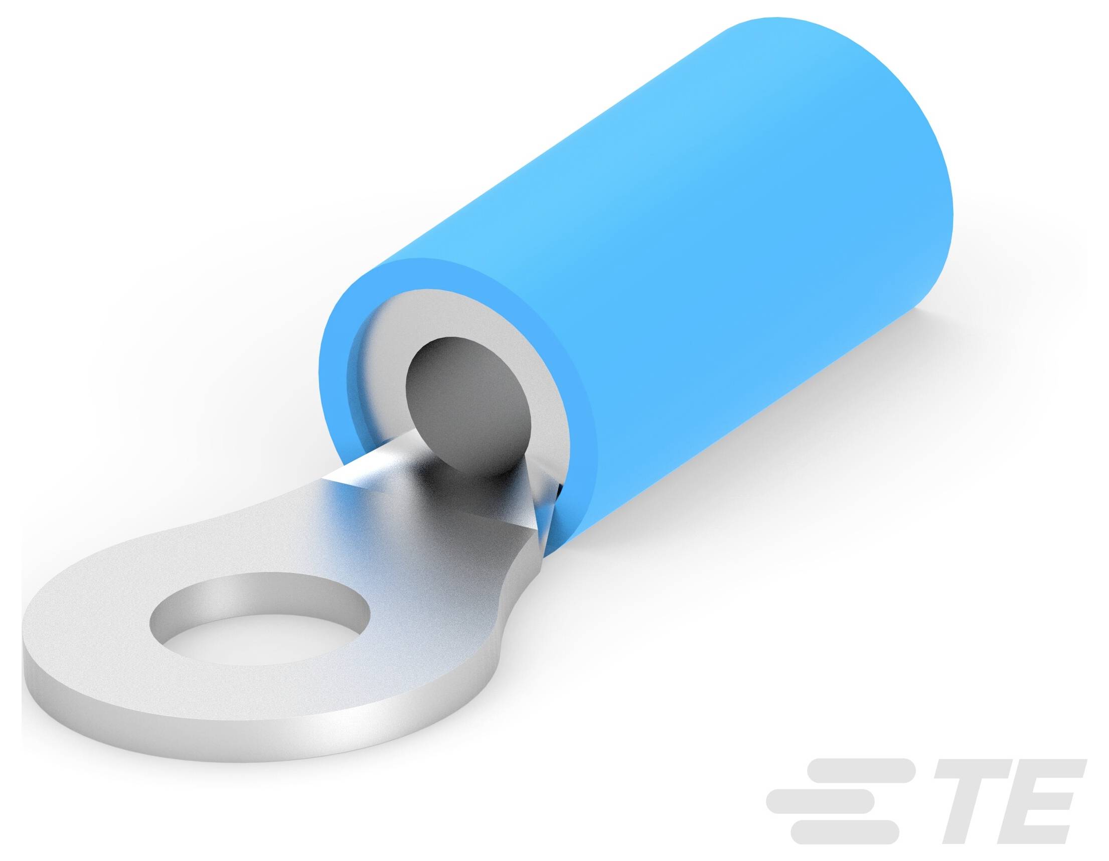 Ein blauer isolierter Ringanschluss mit einem silbernen Metallstecker, verwendet für elektrische Verdrahtung, auf weißem Hintergrund mit dem 