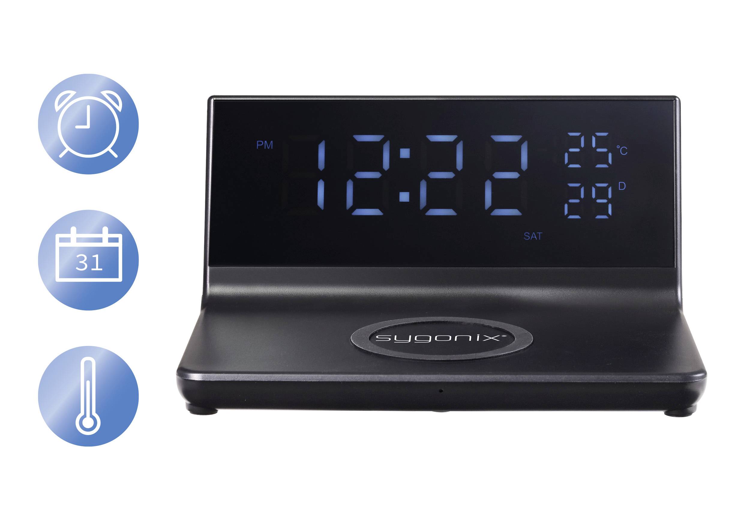 Digitaler Wecker mit großer LED-Anzeige zeigt Zeit 12:22, Temperatur 25°C, Datum Samstag an. Symbole für Wecker, Kalender, Thermometer.