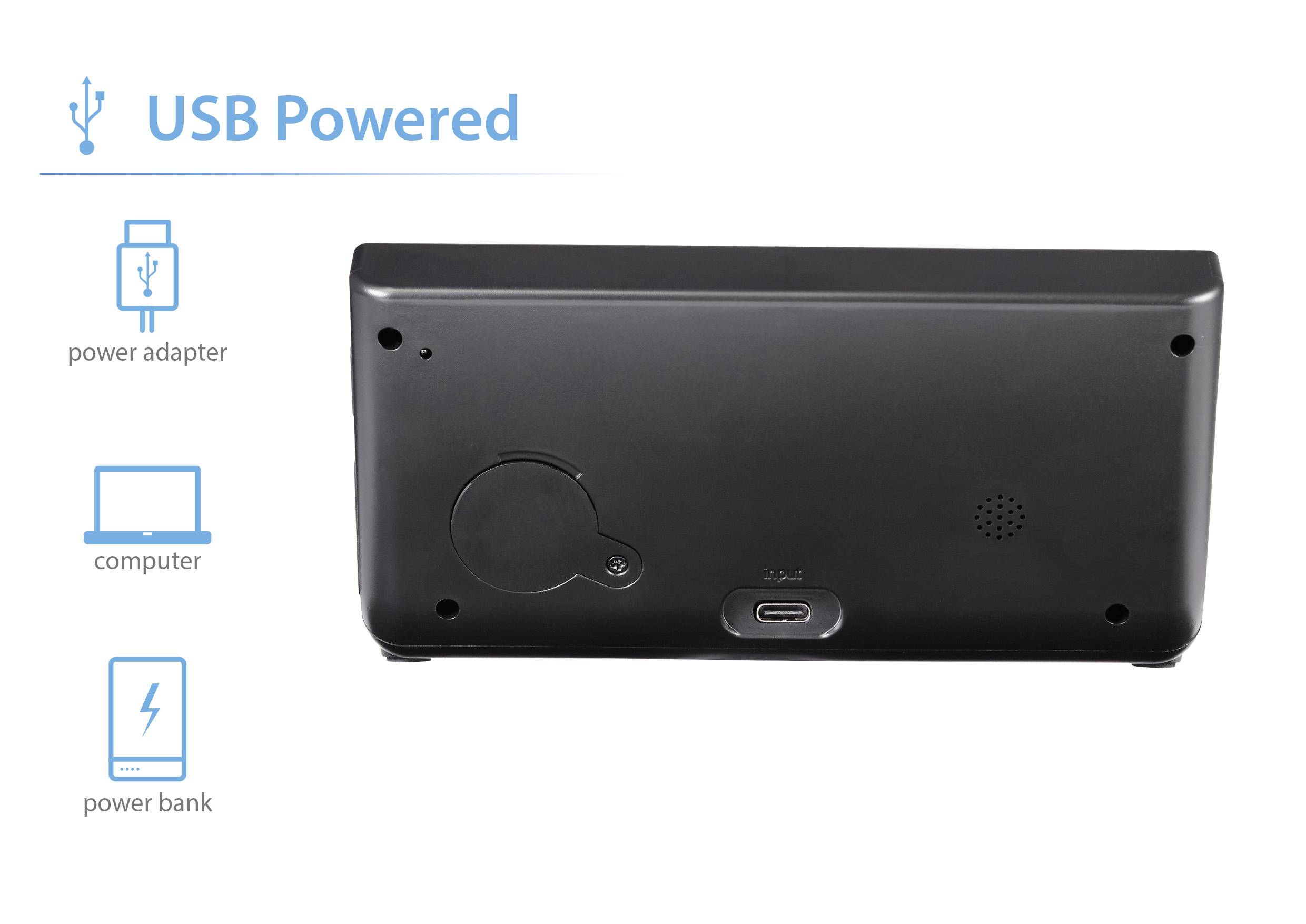 Rückseite eines schwarzen Geräts mit USB-Anschluss. Links Symbole: 'Power Adapter', 'Computer', 'Power Bank' mit USB-Icon. Gerät ist USB-betrieben.