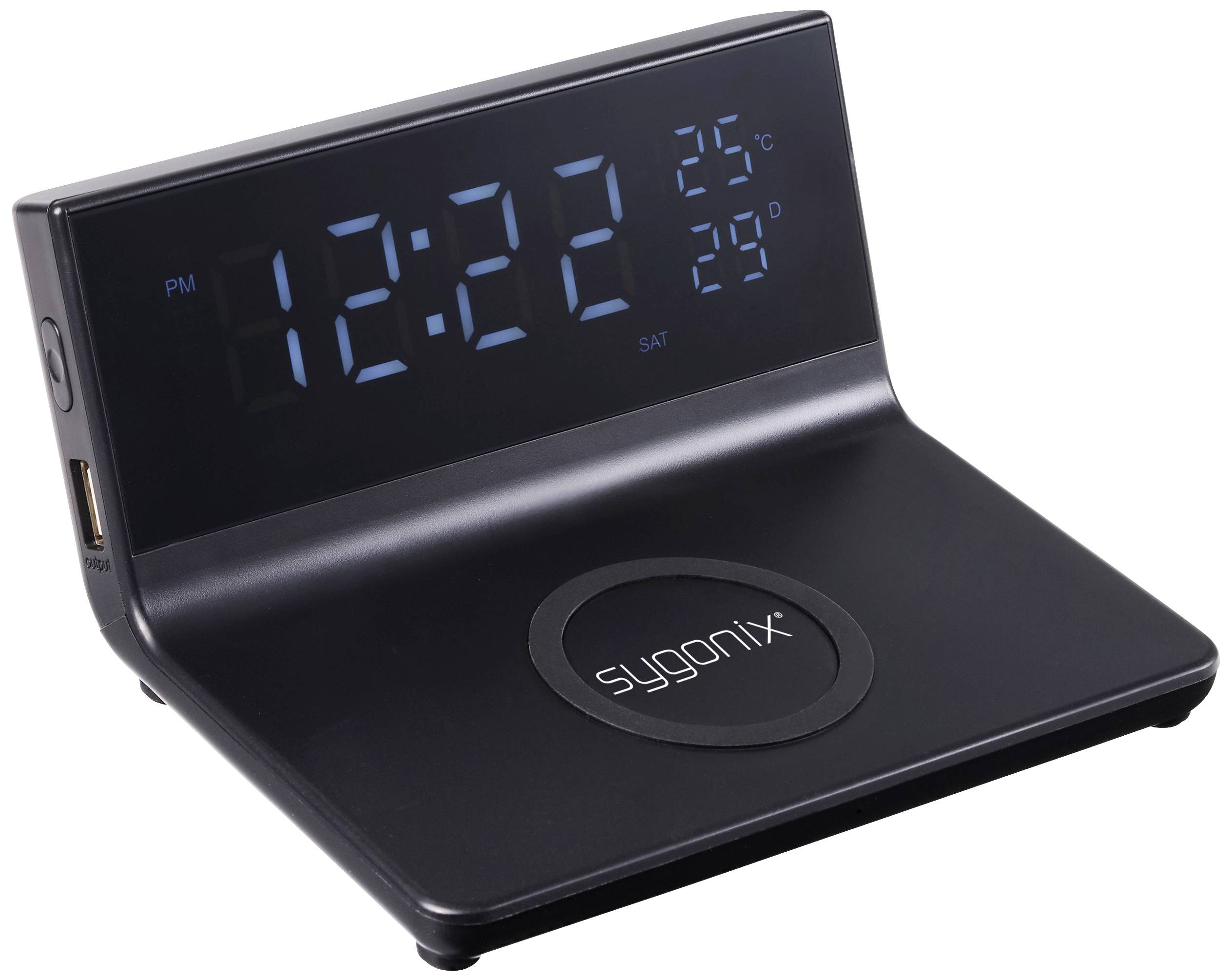 Schwarze Digitaluhr mit USB-Anschluss zeigt '12:22 PM', Datum 'SAT' und Temperatur '25°C'. Markenname 'sygonix' sichtbar.