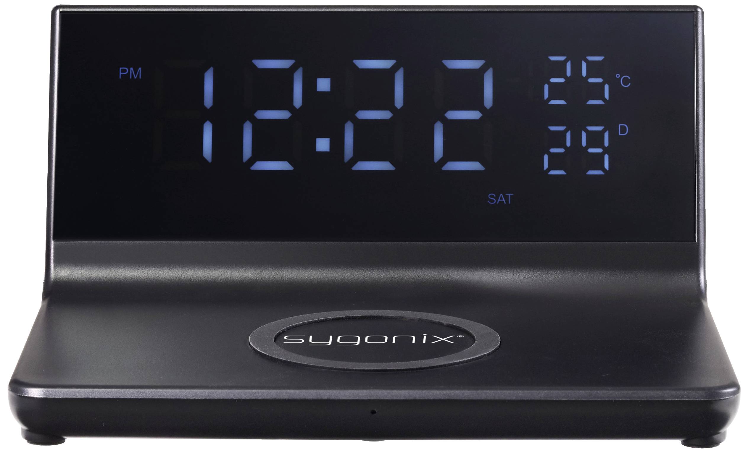 Digitaler Wecker zeigt '12:22', Temperatur '25°C', Datum '29', Wochentag 'Samstag'.