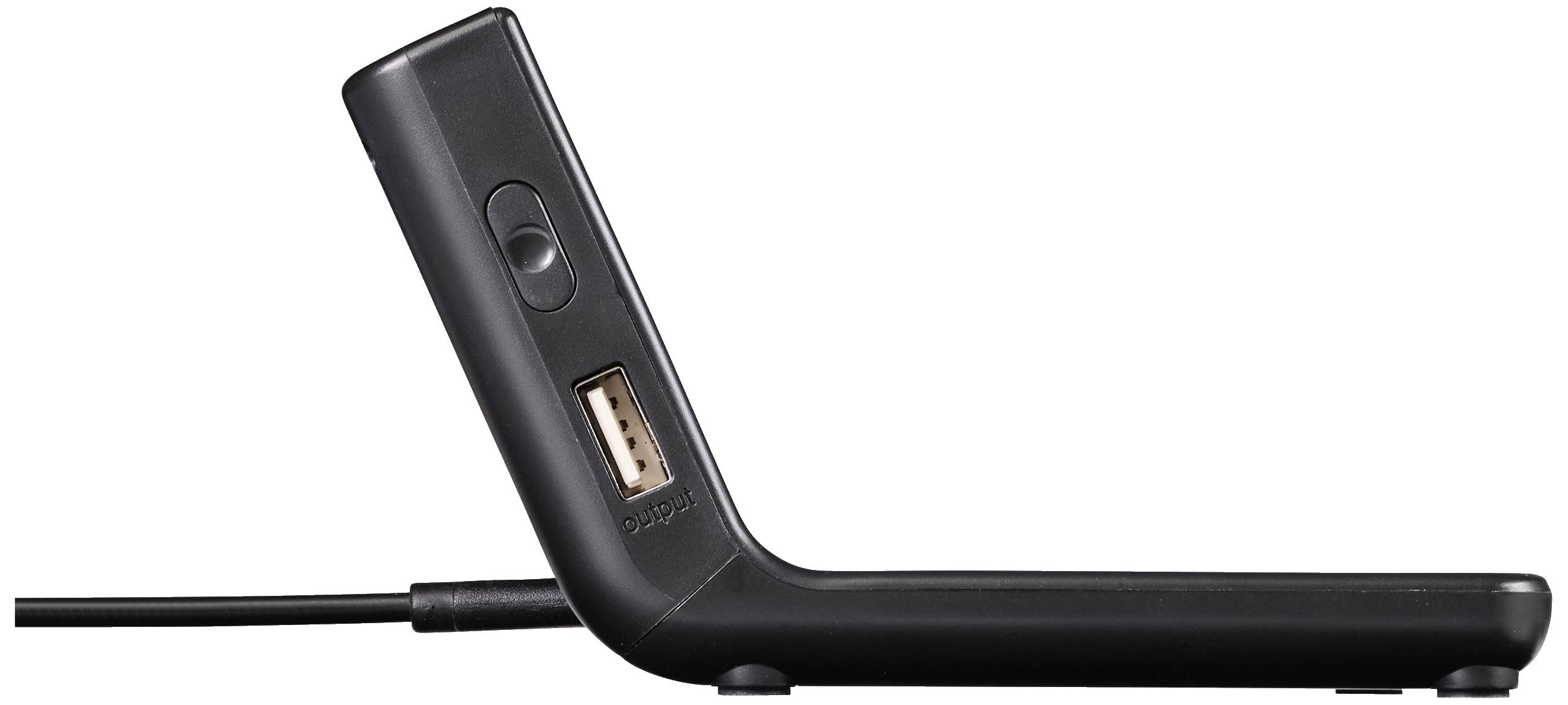 Ein schwarzes, L-förmiges technisches Gerät mit einem USB-Anschluss und einem Knopf.