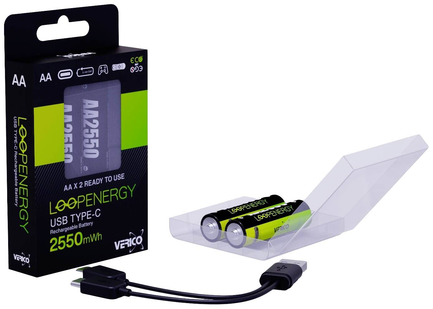'LoopEnergy' AA-Batteriepack mit USB-C-Ladekabel und zwei wiederaufladbaren Batterien, jeweils 2550 mWh. Brüder Verpackung.