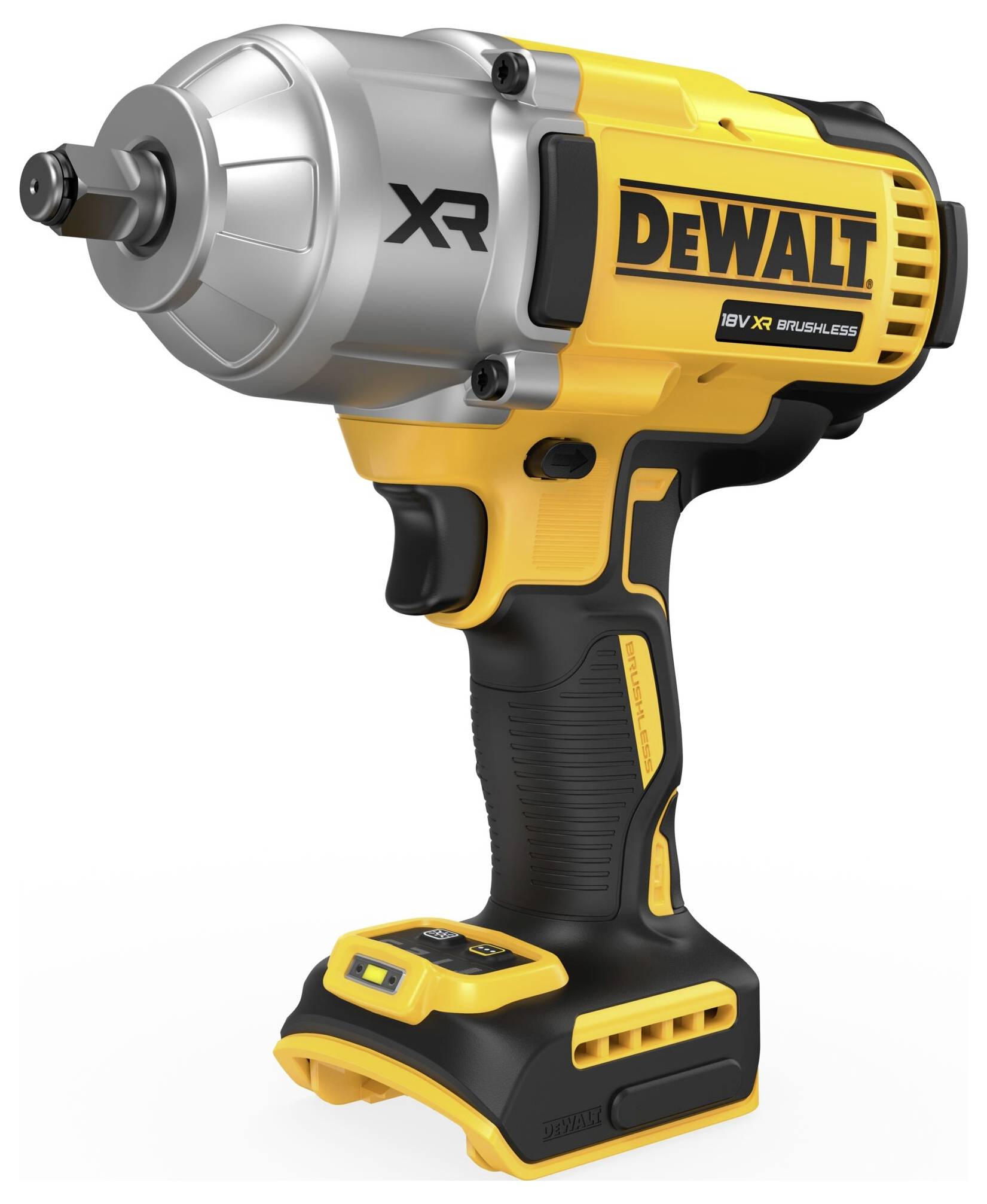 Ein gelber Dewalt Akku-Schlagschrauber mit schwarzem Griff und silbernem Kopf, Modell 'XR 18V'. Ideal für Schraubarbeiten.