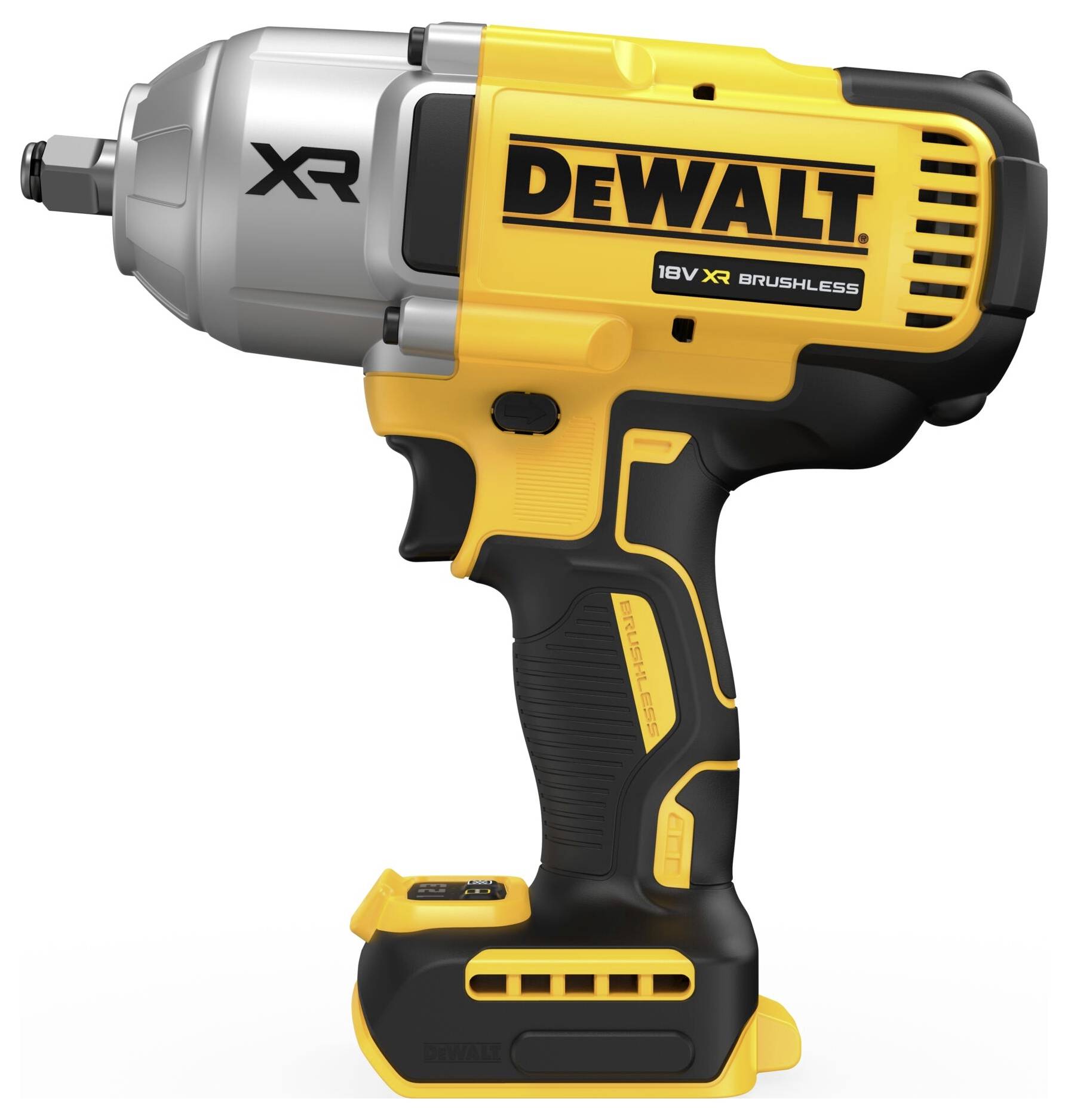 Ein gelber und schwarzer Akkuschlagschrauber der Marke DeWalt, Modell XR, mit 18V Brushless-Technologie.