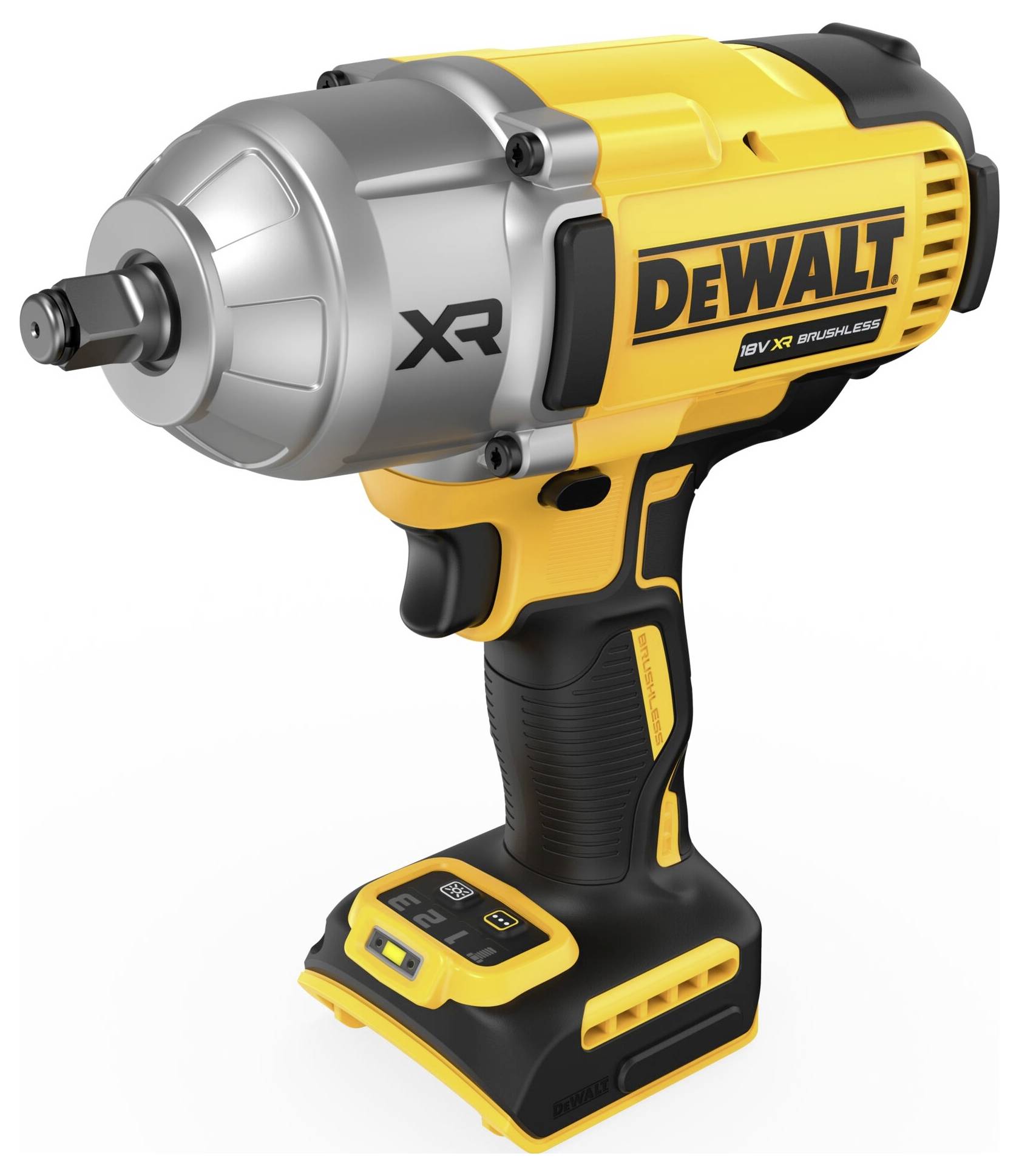 Akkuschlagschrauber mit gelbem und schwarzem Gehäuse, DeWalt-Logo sichtbar. Hochleistungswerkzeug für Schraubarbeiten.