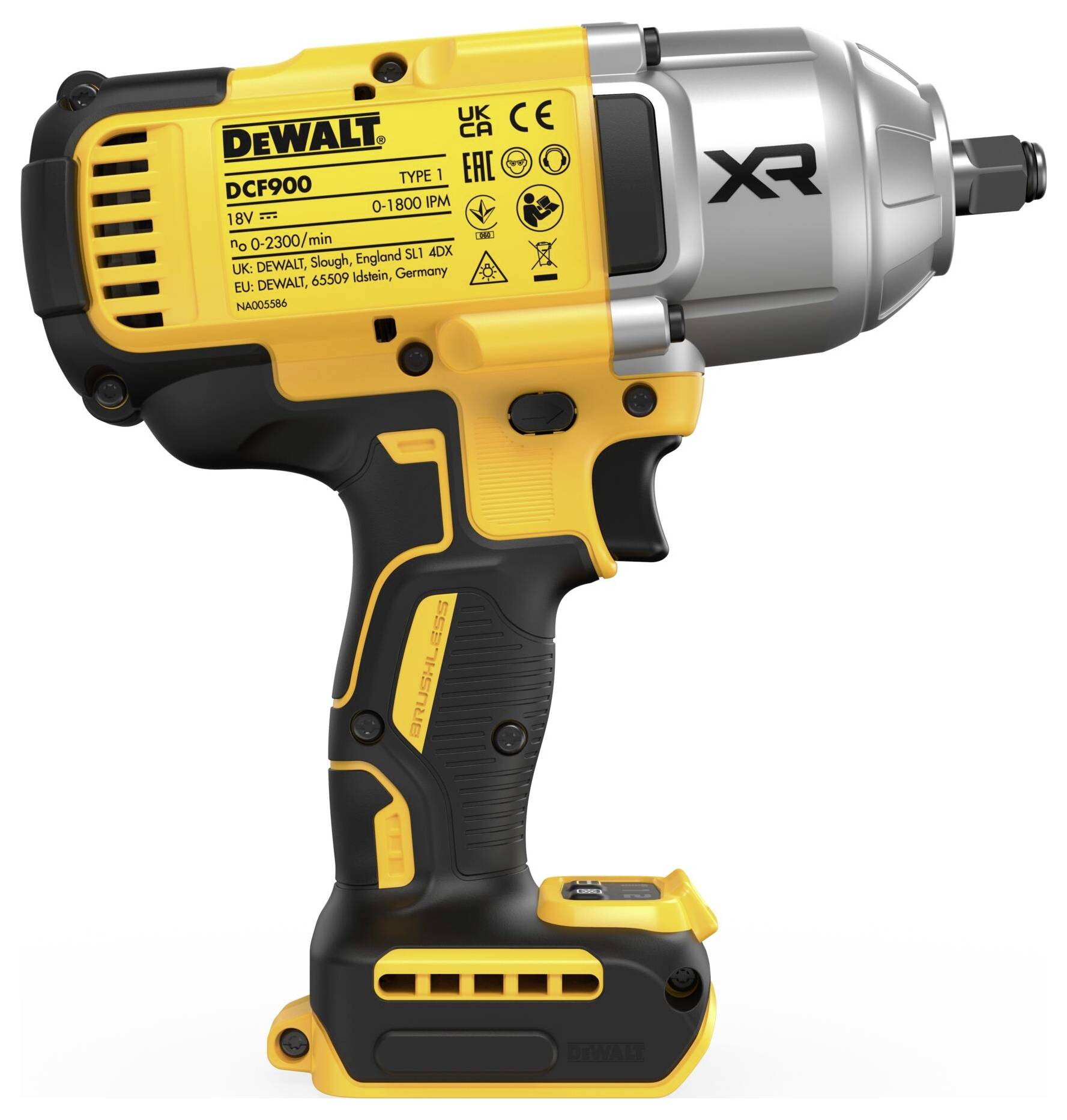 Ein gelber und schwarzer Akkuschlagschrauber der Marke DeWalt, Modell DCF900, mit ergonomischem Griff und XR-Logo auf der Seite.